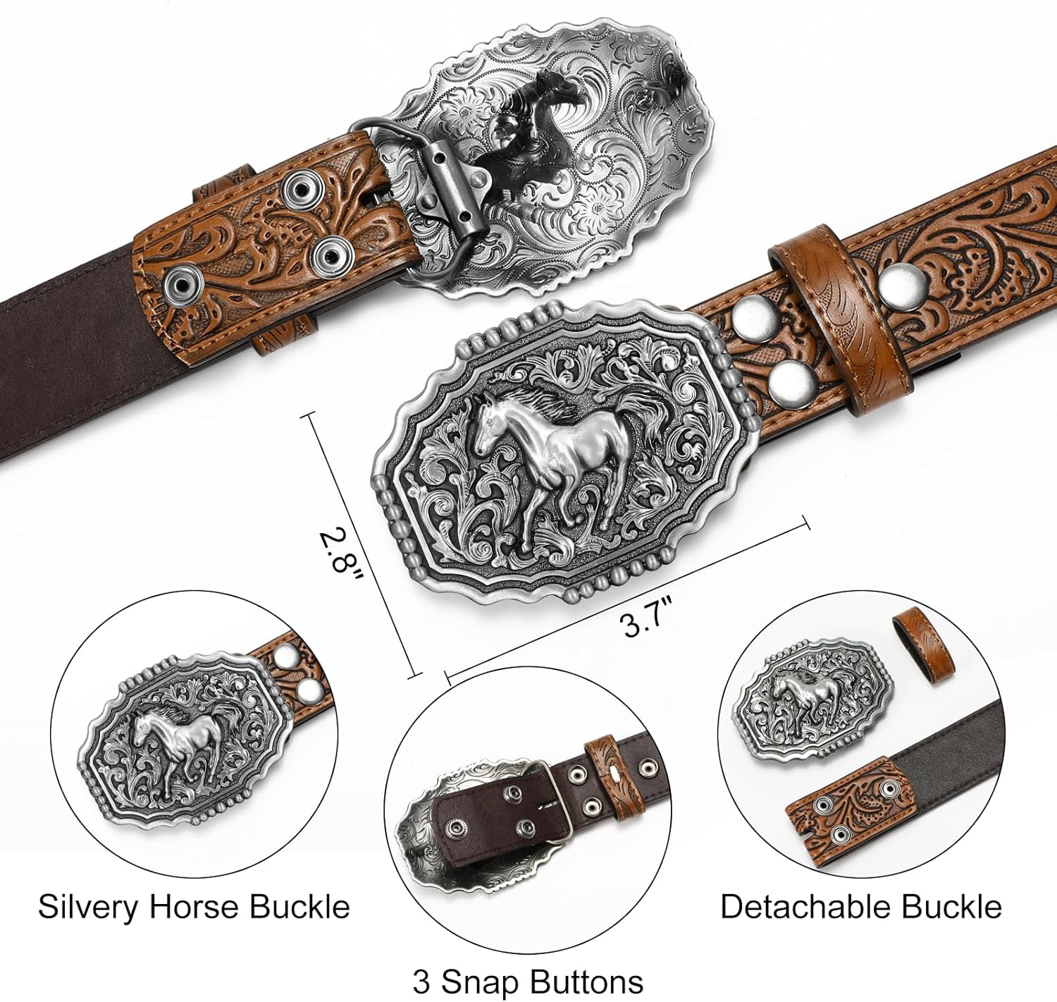 Cowboy Western Belts for Men Woman, Cowboy Cowgirl Belt Embossed Western Country Buckle Leather Belts for Jeans - Image 5
