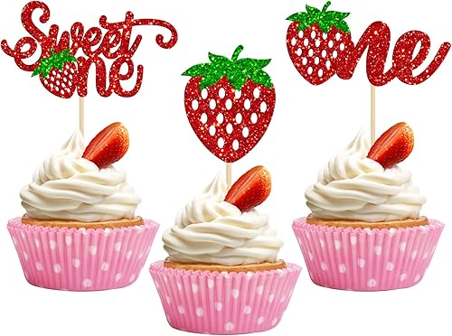 Gyufise 24 piezas de decoración para cupcakes con purpurina para el primer cumpleaños de fresa para temática de frutas, baby shower, niños, primer