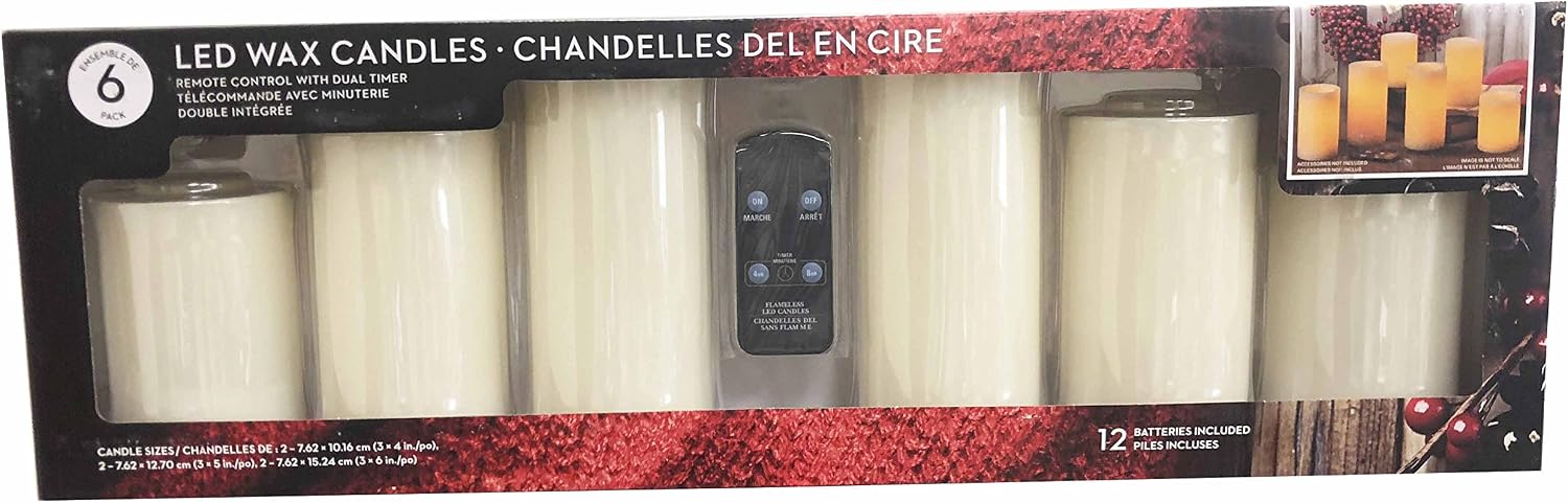 Real Wax Flameless Candle Set w/Dual Timer Feature and Remote Control - Duracell Batteries Included - Set of 6