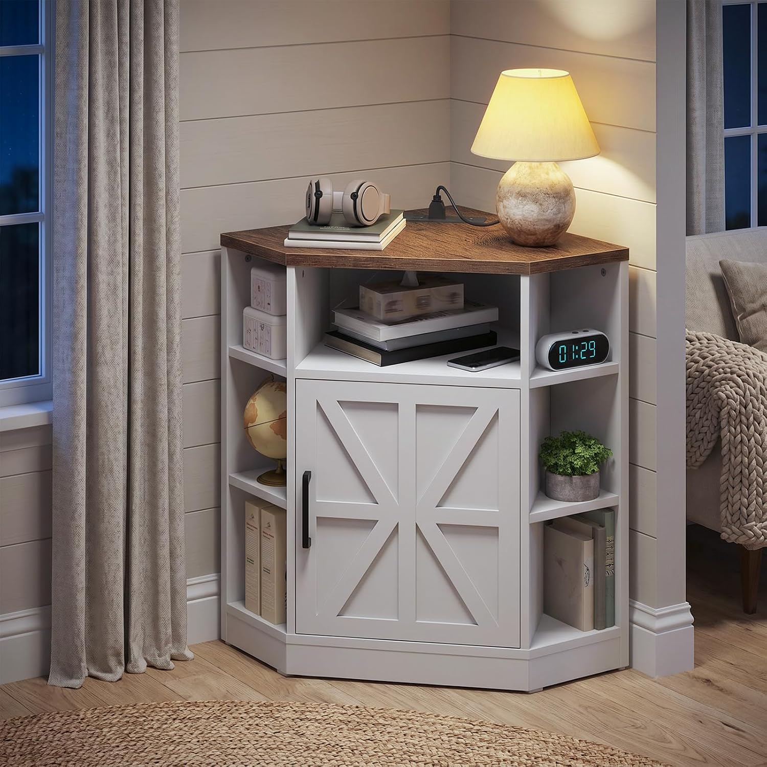 CHOEZON Corner Cabinet with Charging Station, Farmhouse Corner Bookshelf, Corner Storage Cabinet with Adjustable Shelf, for Living Room, Bedroom, Kitchen, Bathroom, White and Walnut MCW26UWL