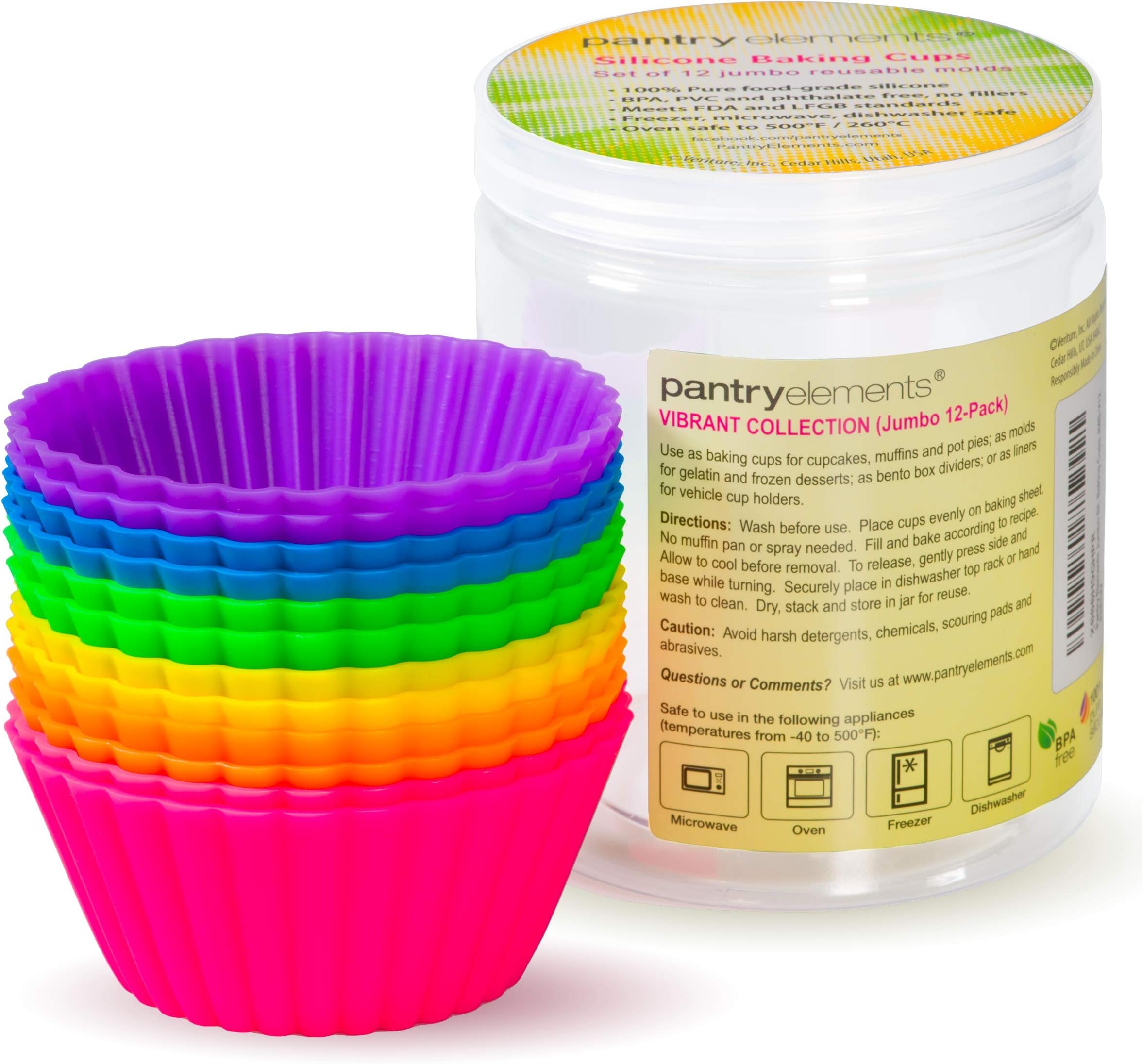 Pantry Elements Jumbo Silicone Baking Cups - Set of 12 Large 3.5-inch Diameter x 1.6-inch Tall, Reusable Cupcake Liners in Six Vibrant Colors in Storage Container - Baking Molds Replace Muffin Pans, Great for Pot Pies, Meat Loaf, Quiche, and Pastry Desserts - BPA Free Food Grade Silicone Non-stick Bakeware