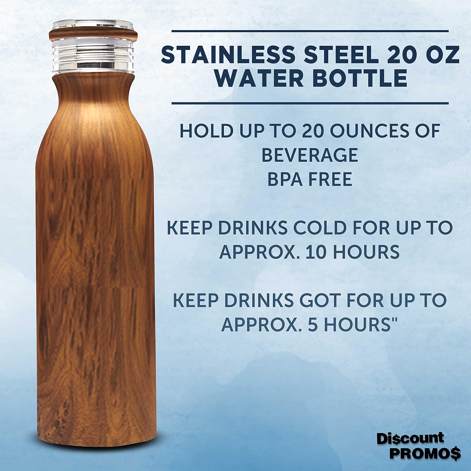 DISCOUNT PROMOS Stainless Steel Water Bottles by Echo 20 oz. Set of 6, Bulk Pack - Double Wall, Perfect for Coffee, Soda, Other Hot & Cold Beverages - Wood
