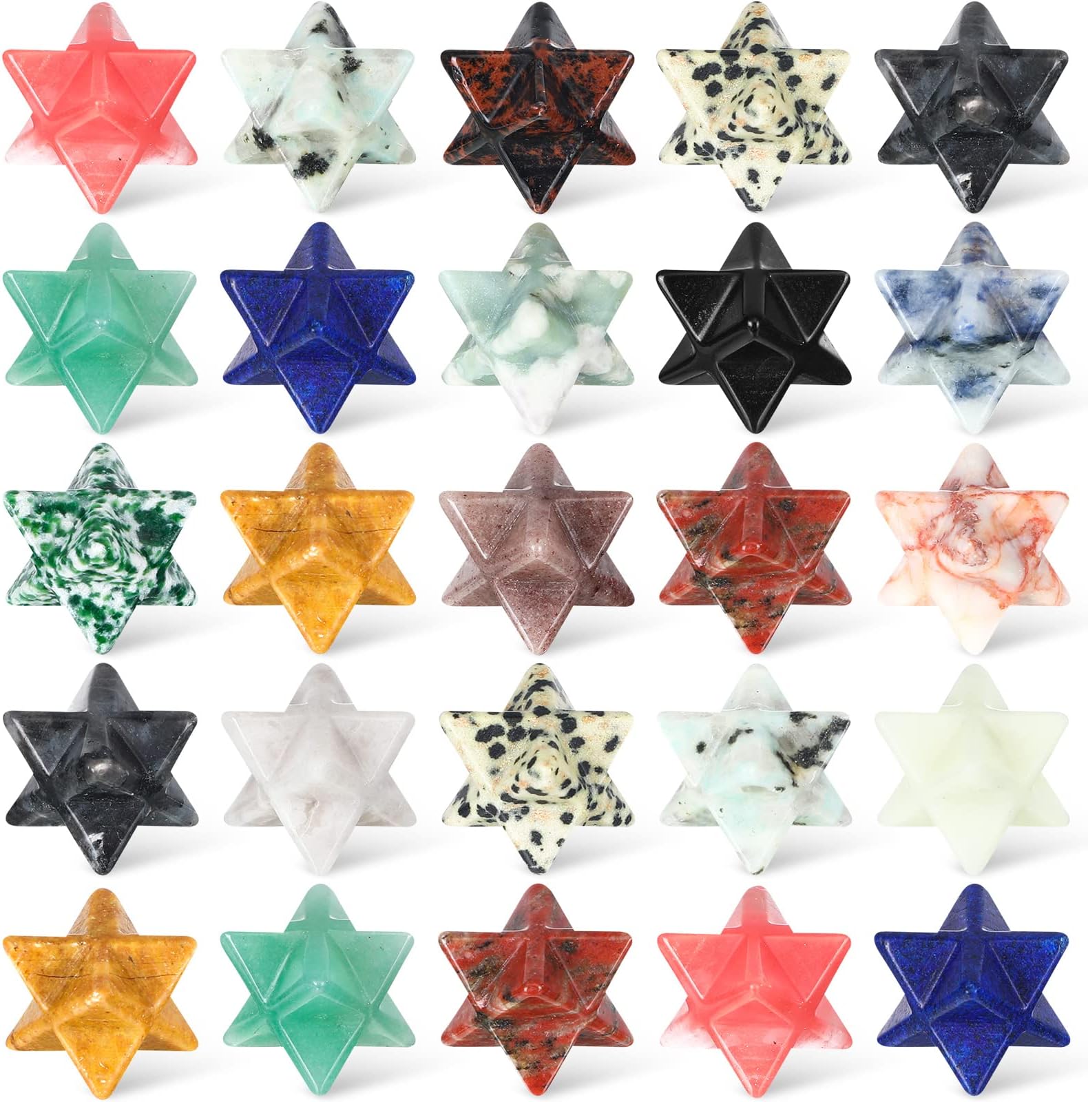Nuenen 25 Pieces Merkaba Star Crystal Worry Stones Bulk 0.7 Inch Mini Crystals and Healing Stone Carved Merkaba Star Gemstone Chakra Stones for Witchcraft Meditation Balancing Jewelry Pendant Decor