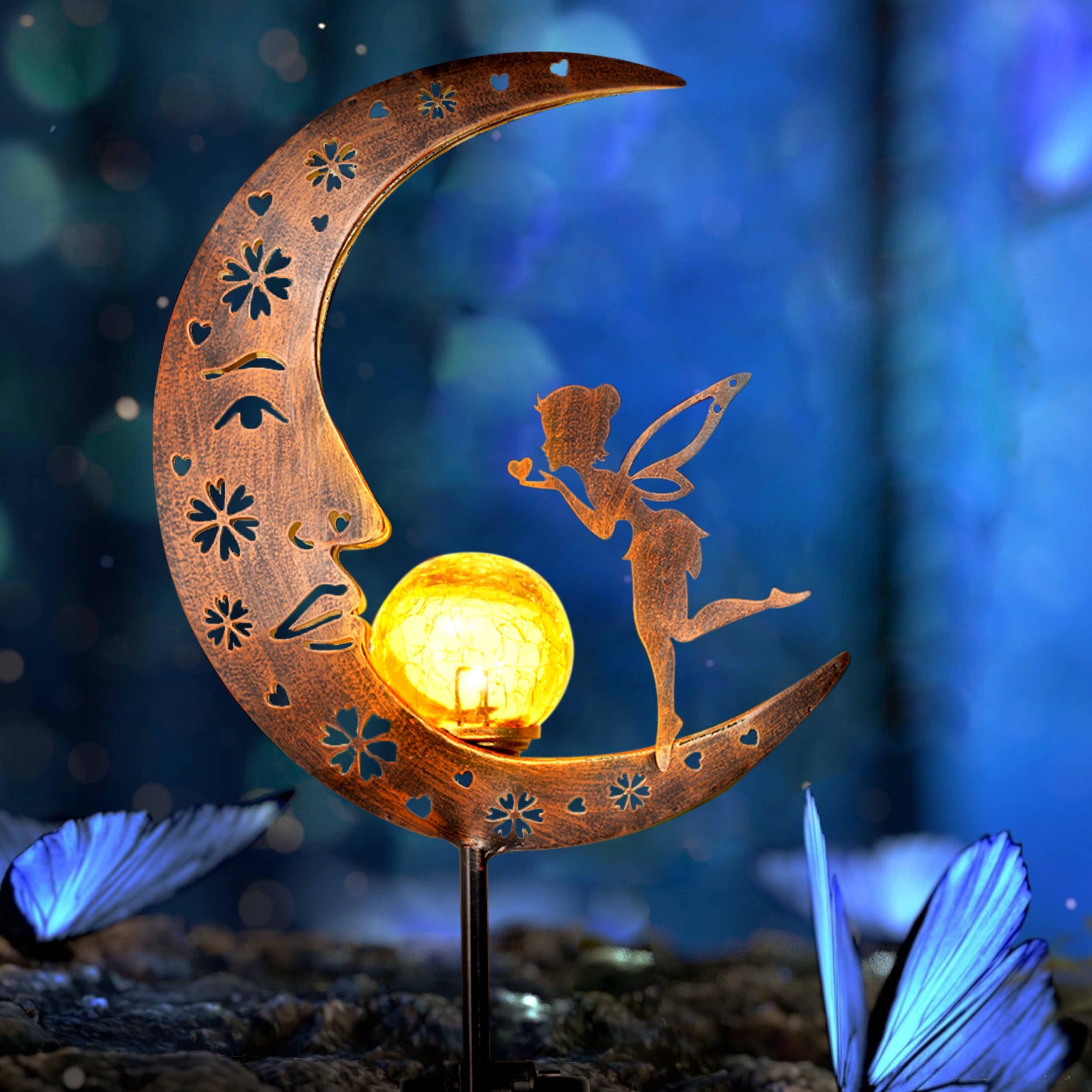 100CM High Moon Solar Lights Outdoor Garden, Metal Lovely Flying Kiss Fairy on Moon Warm LED Garden Light with Crackle Glass Ball for Lawn, Path & Pot, Gifts for Women