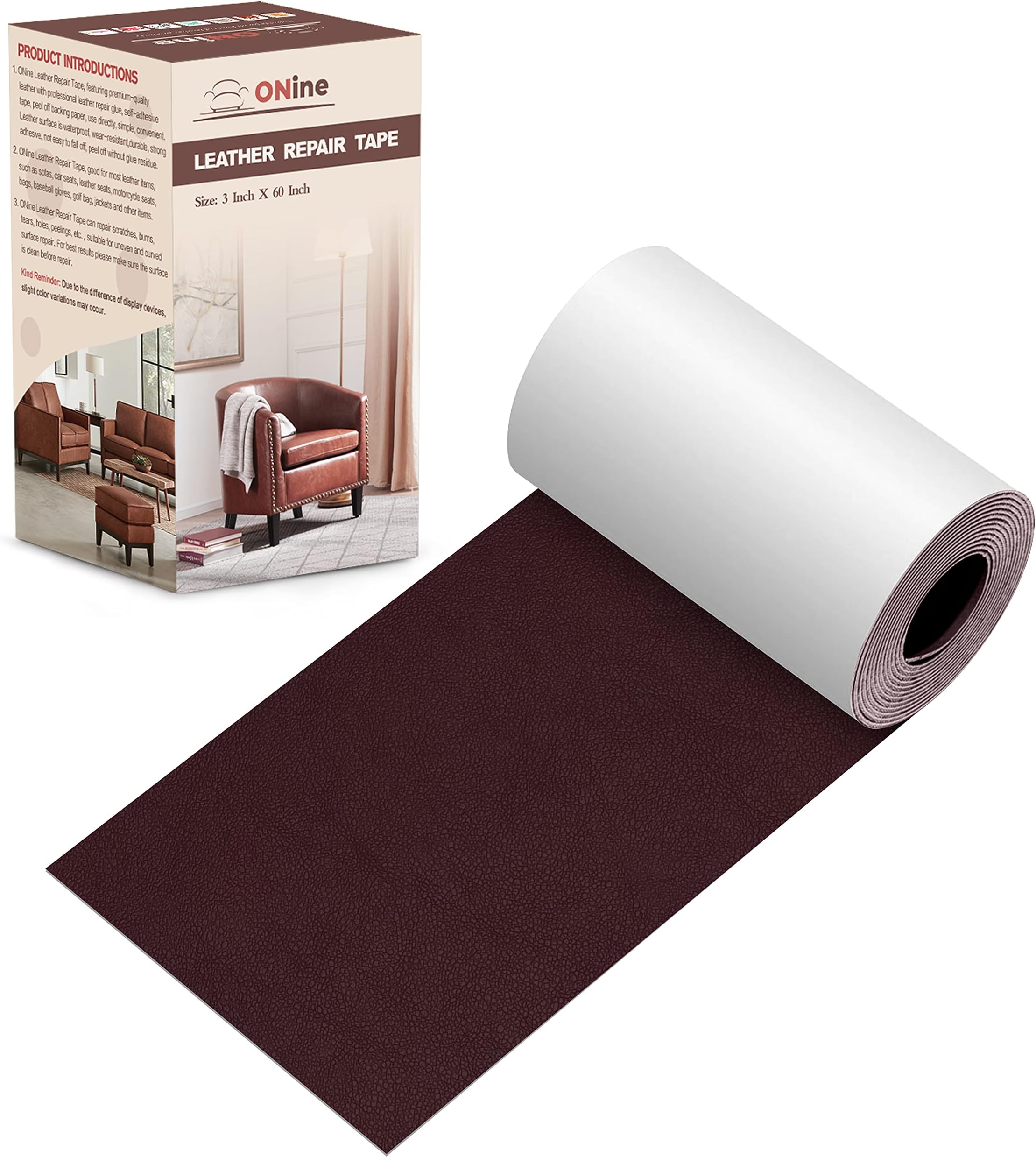 ONine Leather Repair Patch，Leather Repair Tape, 3 x 60 inches Leather Repair Patch for Furniture,Vinyl Repair Kit，Leather Couch Patch，for Sofas, Furniture, Car Seats, Office Chairs(Mulberry)