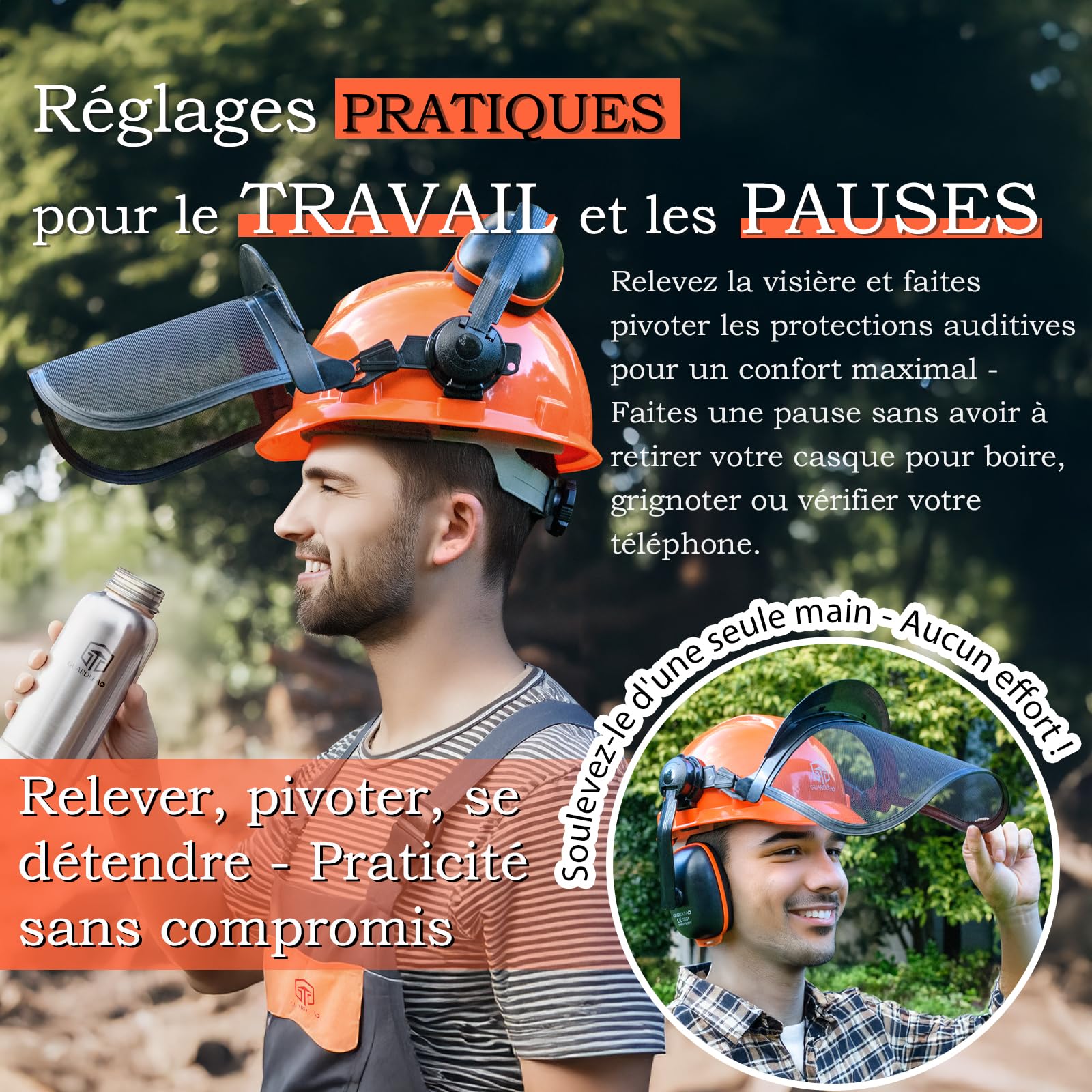 Casque de tronçonneuse avec protection faciale et cache-oreilles - Casque de sécurité pour tronçonneuse - Lunettes anti-buée amovibles