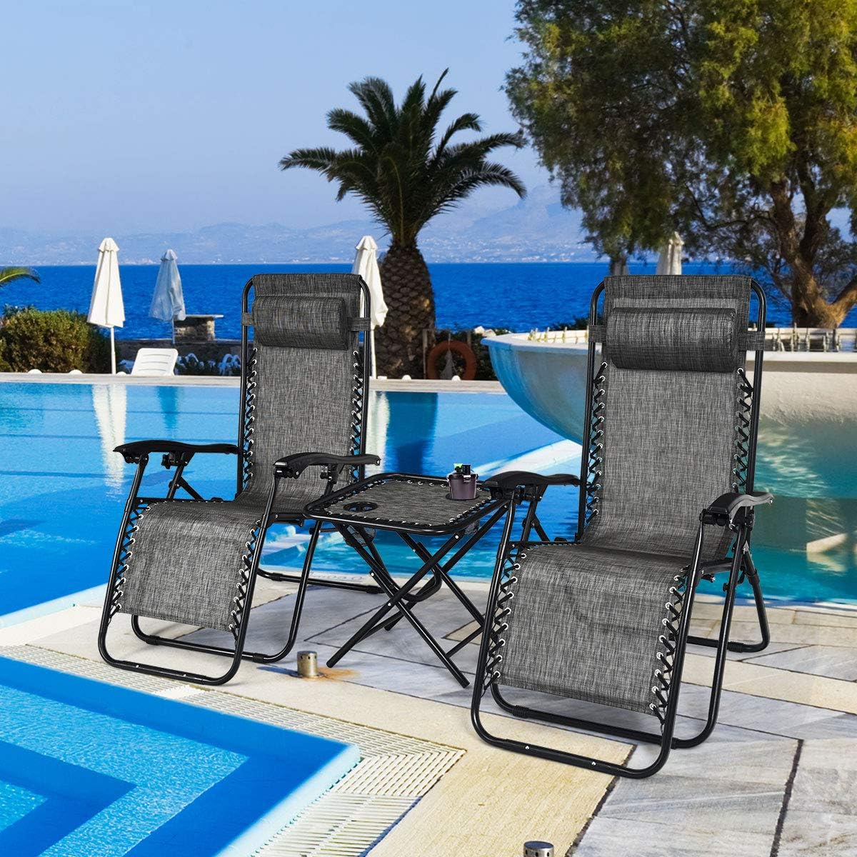 Giantex 3 PCS Zero Gravity Chair Patio Chaise Lounge Chairs Outdoor Yard Pool Recliner Folding Lounge Table Chair Set (Gray)