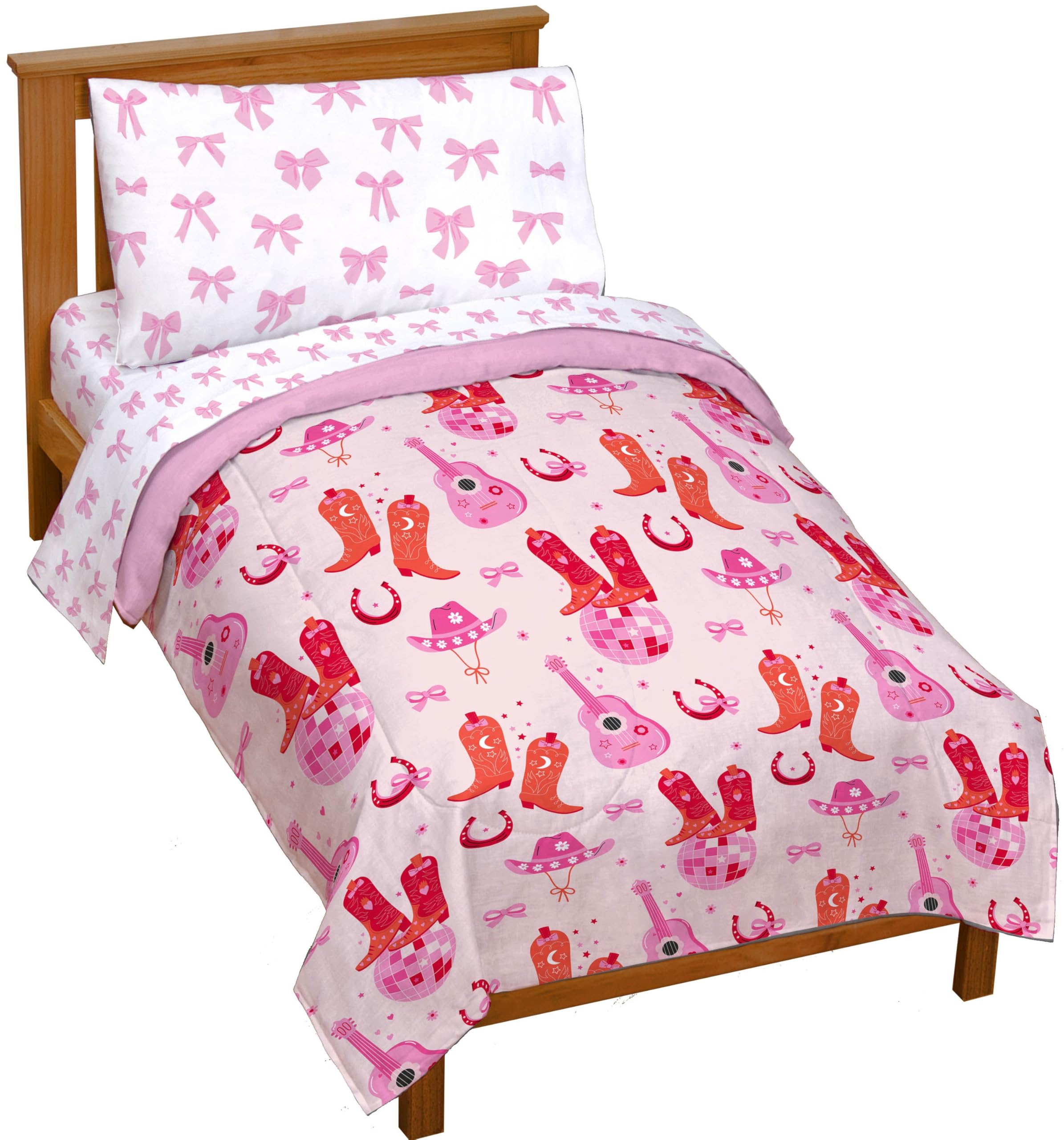 Jay Franco Kids Comforter Set Includes Sheets and Pillow Covers - Soft and Cozy Bed Set for Stylish Room Decor, Pink - Cowgirl Boots & Bows 4 Piece Toddler Size Bedding