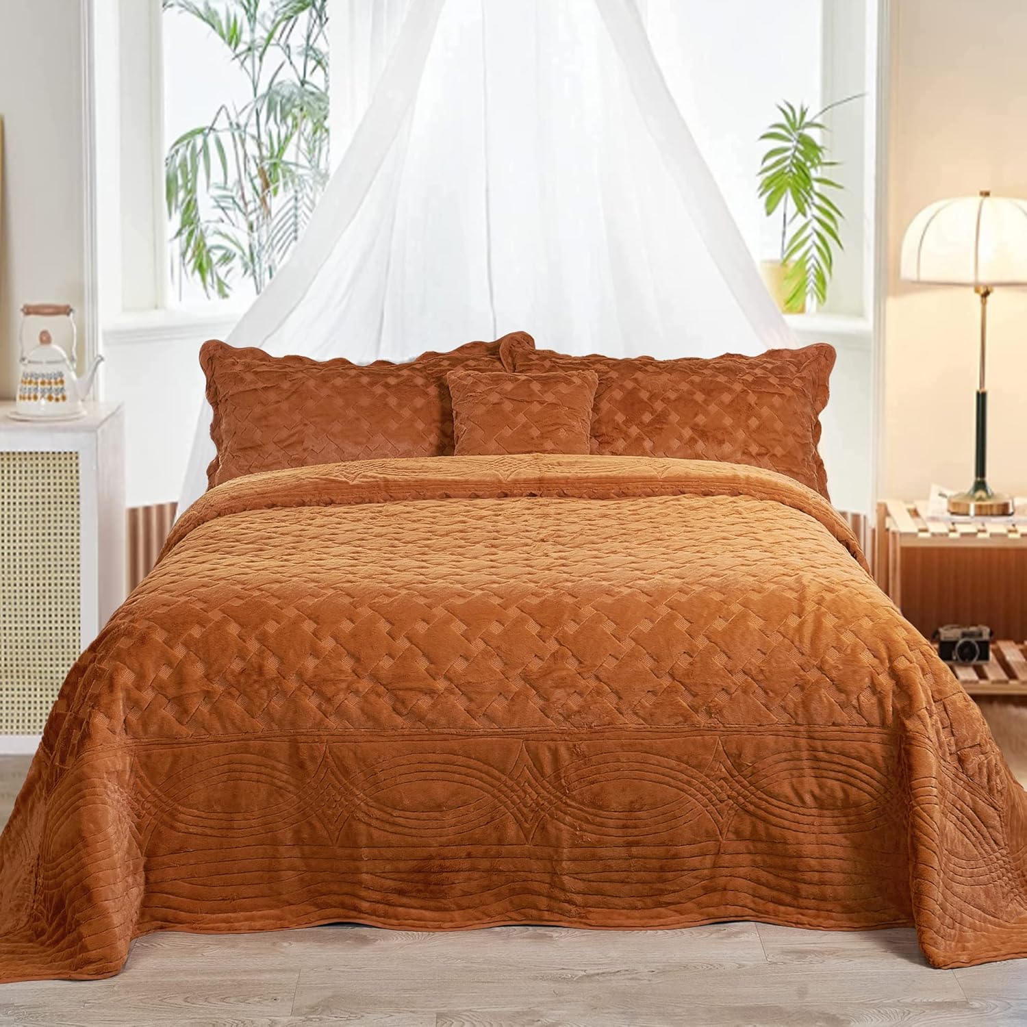 Home Soft Things Oversized King 4 Piece Faux Fur Quilted Tatami Bedspread Bedding Set, Soft Plush Warm Breathable Durable Quilt Coverlet Set with Matching Shams Pillows, 120" x 120", Burgundy