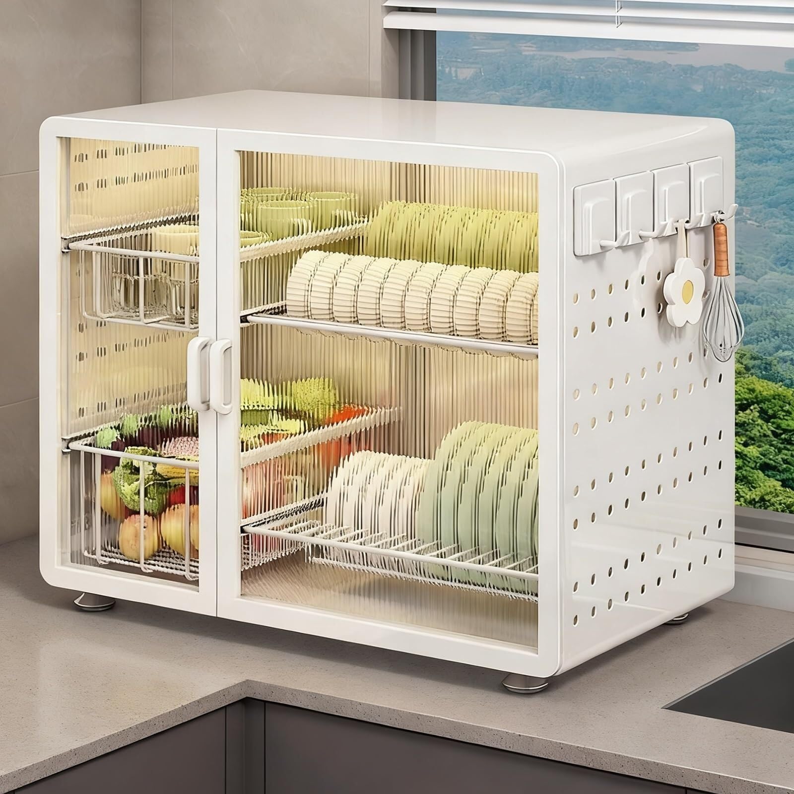 HANELREEZD draining Countertop Dish Drying Rack Over the Sink 2 Tier Dish Racks for Kitchen Counter with Storage Holder & Hooks dish rack(White,A2)