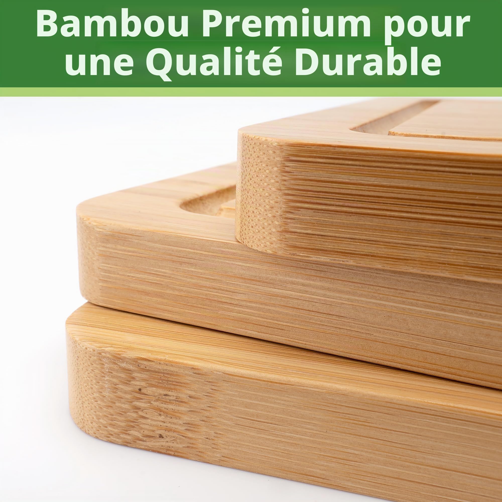 Lot de 3 Planches à Découper en Bambou | Avec bac à jus et Poignée, Disponible en Trois Tailles (S, M, L), avec Support et Couteau à Fruits