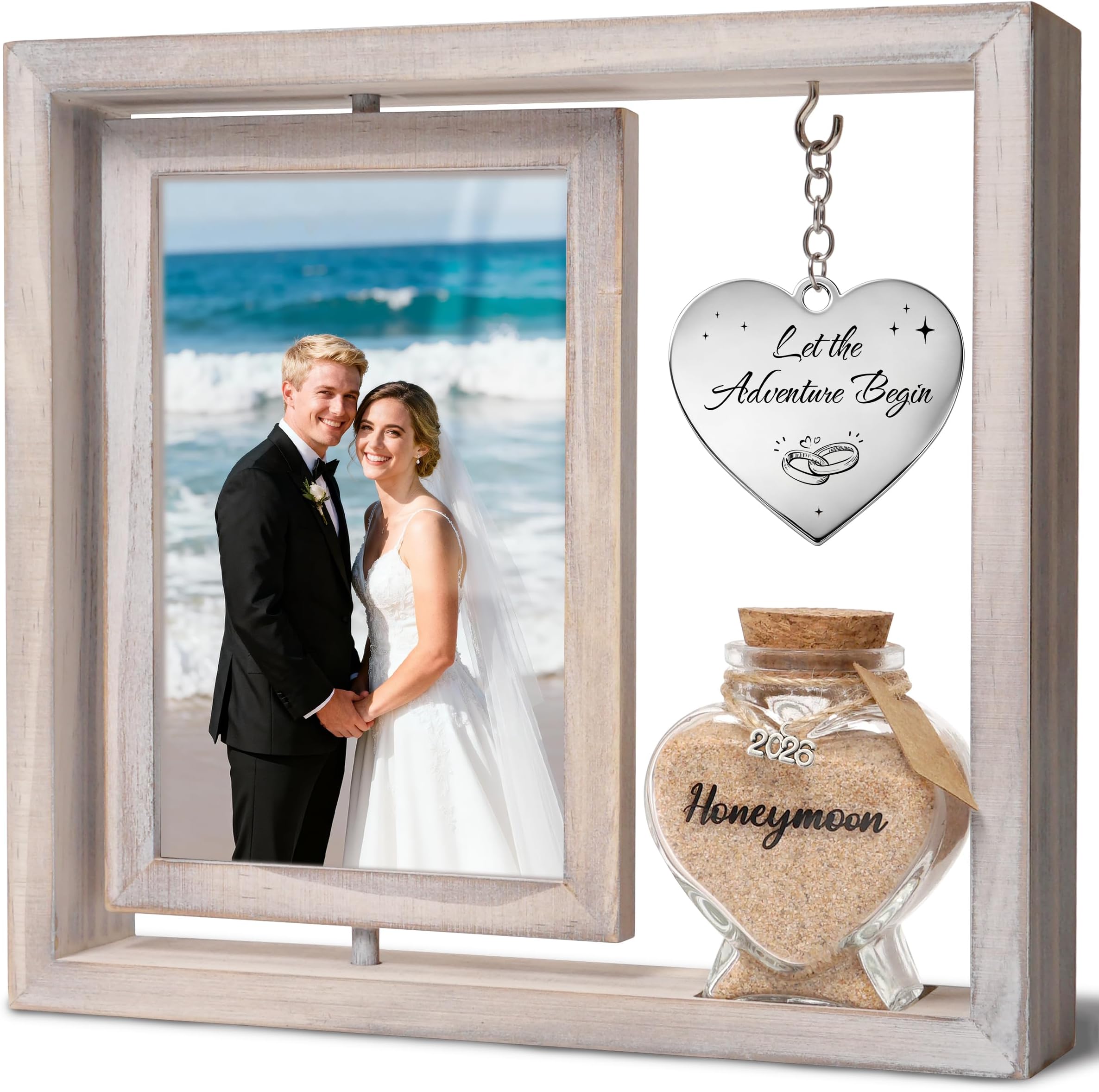 Wedding Gifts for Couples – 360° Rotating Double-Sided Picture Frame with Honeymoon Sand Keepsake Jar, Holds Two 4x6 Photos, Ideal for Bridal Shower, Mr & Mrs Engagement and Newlywed Gift Set (Let the adventure begin-White)