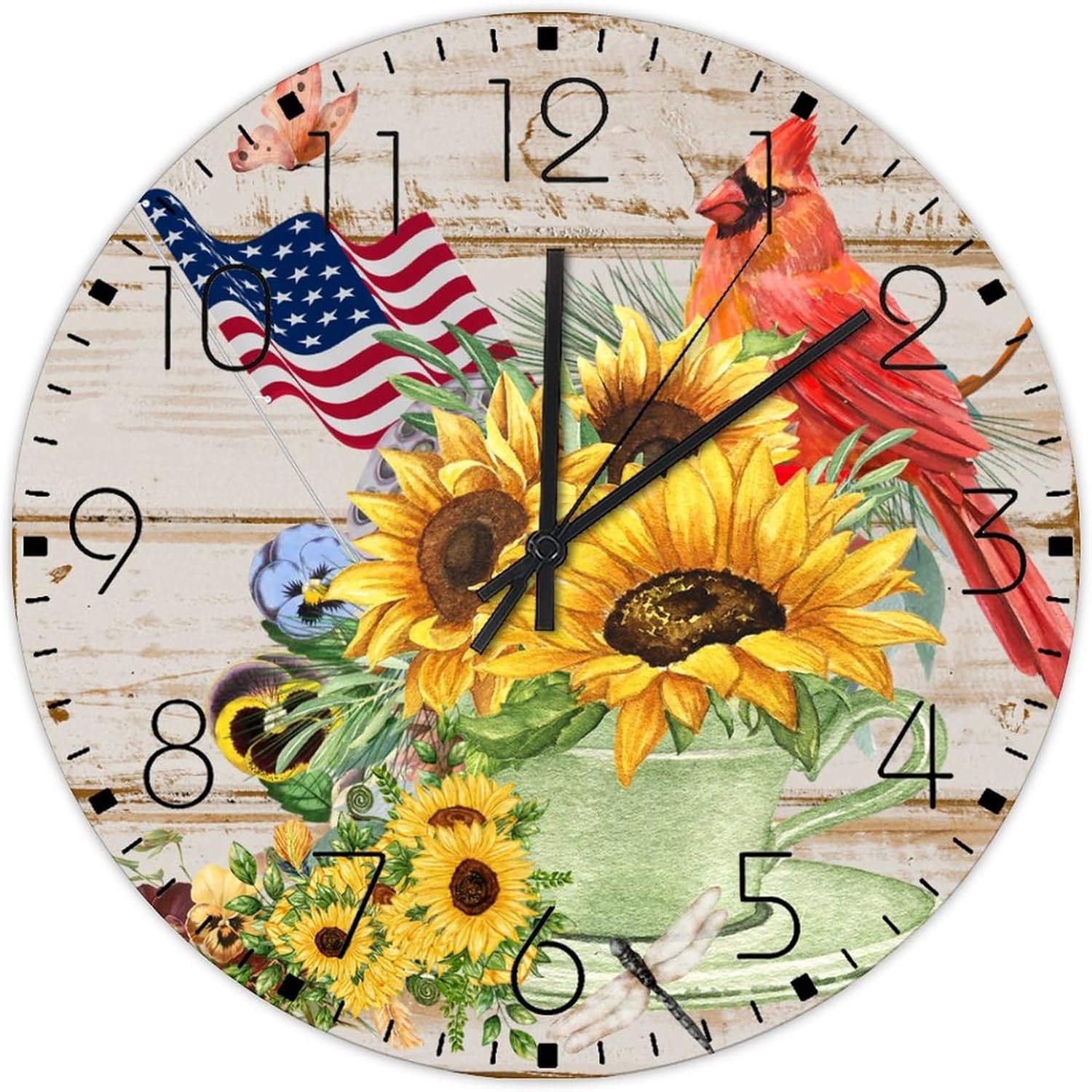 Wood Wall Clocks Round Silent Non-ticking 4th of July Patriotic Sunflower Cardinal Decorative Wall Clocks Red White Blue USA Star Stripes Home Decoration for Warehouse Classroom Indoor 12 Inch