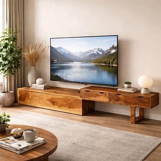 PAAM Low Height Solid Wood TV Unit for Living Room | Premium 2 Drawer TV Stand for Home | Sheesham Woods, Teak Finish | Ladder Style Entertainment Unit Ideal for House Decor