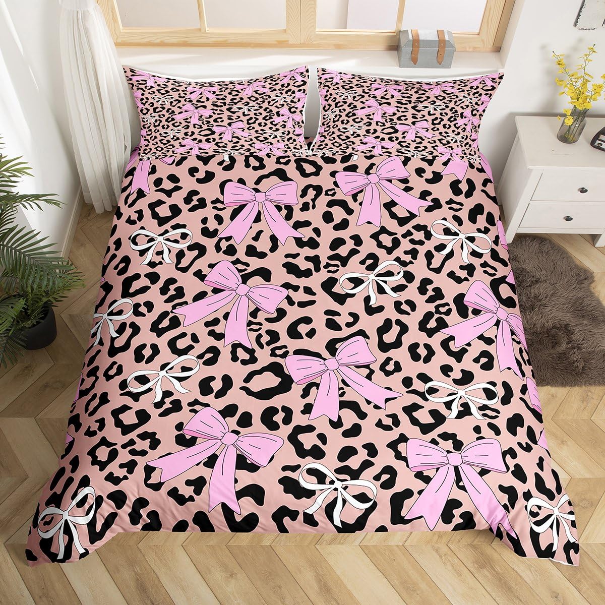 Homewish Pink Bow Girl King Duvet Cover Set Classic Leopard Print Bedding - Princess Style for Kids Girls Women Stylish Bowknot Quilt Cover - Black Reversible Bed Set Fashion Modern Design