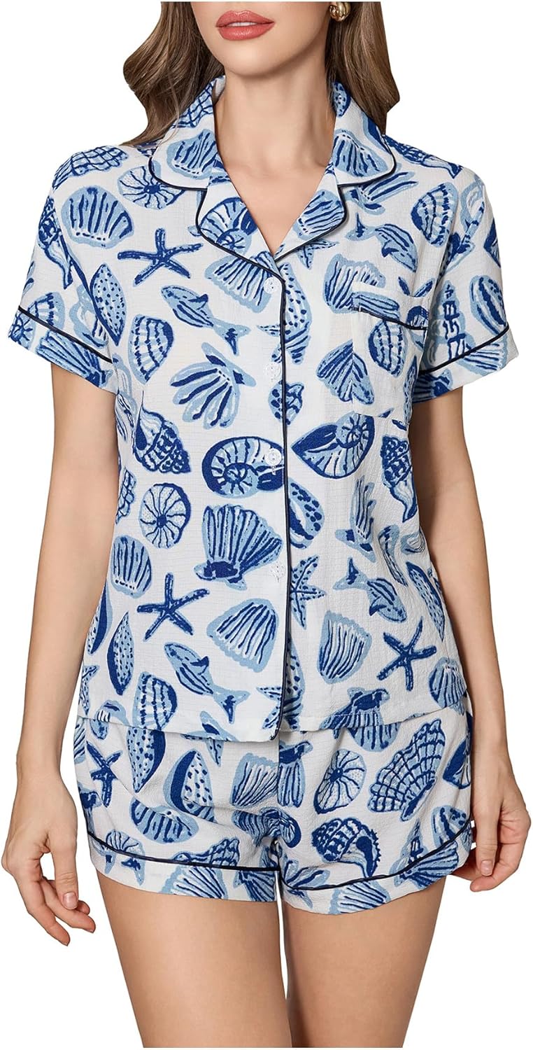 MakeMeChic Women's 2 Piece Pajama Set Graphic Short Sleeve Button Down Shirt and Shorts Set Sleepwear