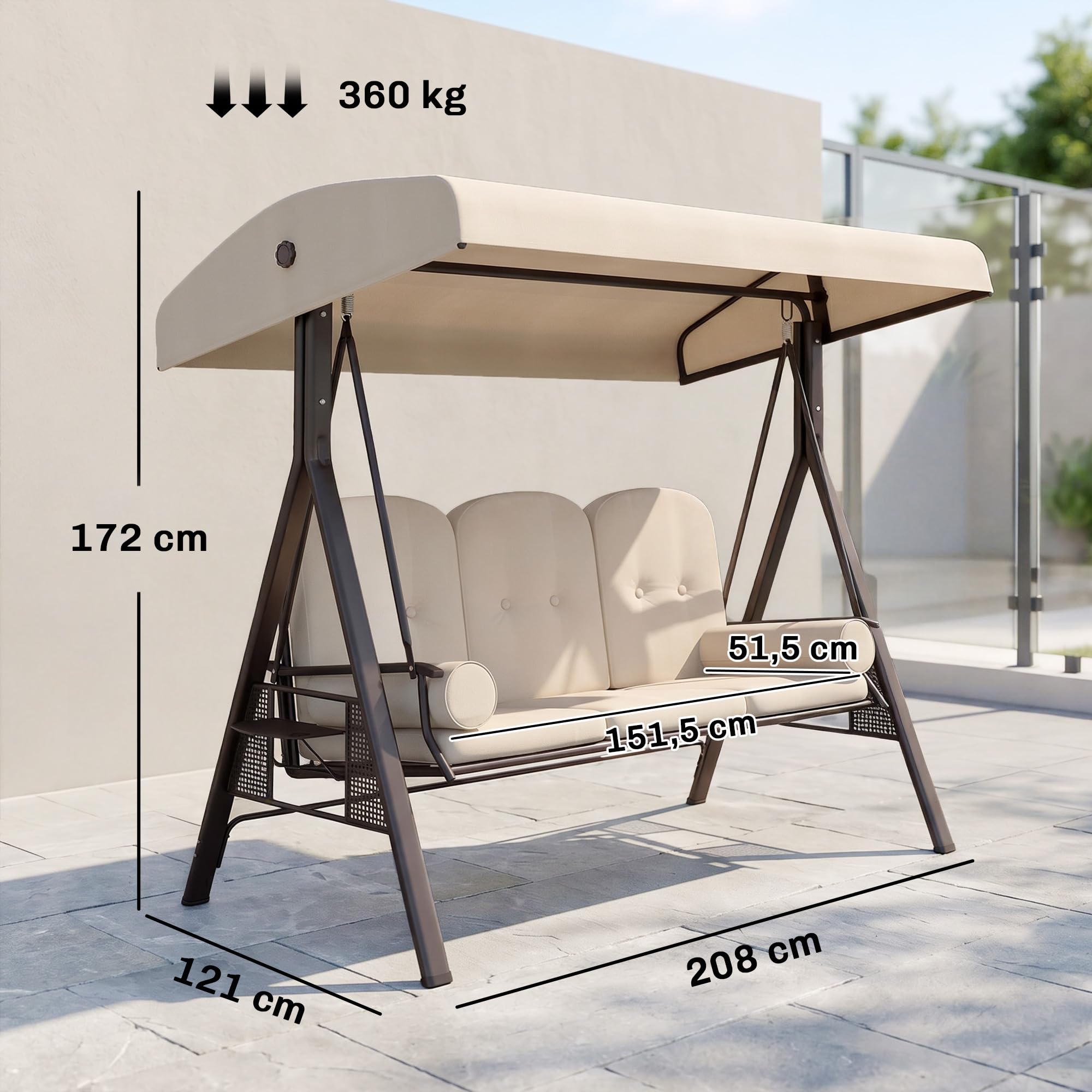 Outsunny Balancelle de Jardin 3 Places Grand Confort Toit Inclinaison réglable Coussins Plateaux rétractables Beige