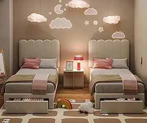 GarveeHome 2 Sets Twin Bed Frame with Under-Bed Drawer, Upholstered Platform Bed with Wave Headboard for Kids/Girls, Wooden Slats Support, No Box Spring Needed, Boucle Beige