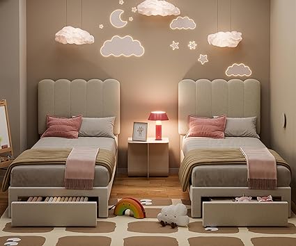 GarveeHome 2 Sets Twin Bed Frame with Under-Bed Drawer, Upholstered Platform Bed with Wave Headboard for Kids/Girls, Wooden Slats Support, No Box Spring Needed, Boucle Beige
