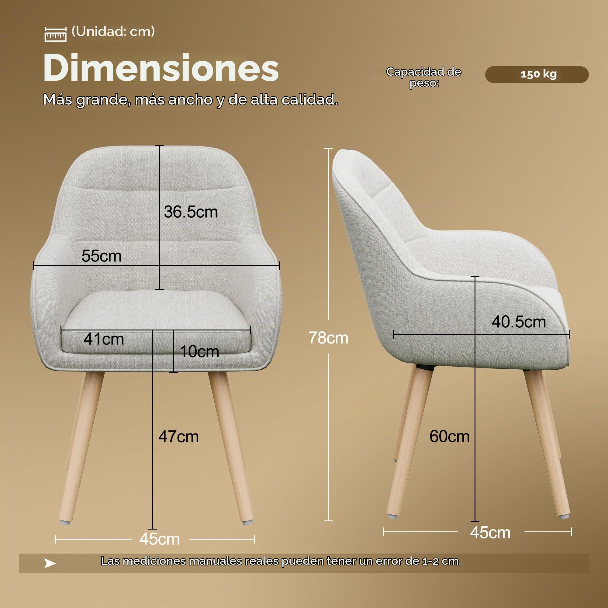 ELUCHANG Silla de Comedor Pack 4, 10cm Grosor Sillones con Reposabrazos Altos, Base Metálica & Patas Madera, Carga Máx.150KG, Beige Tela Natural Silla para Cocina, Salón, Dormitorio