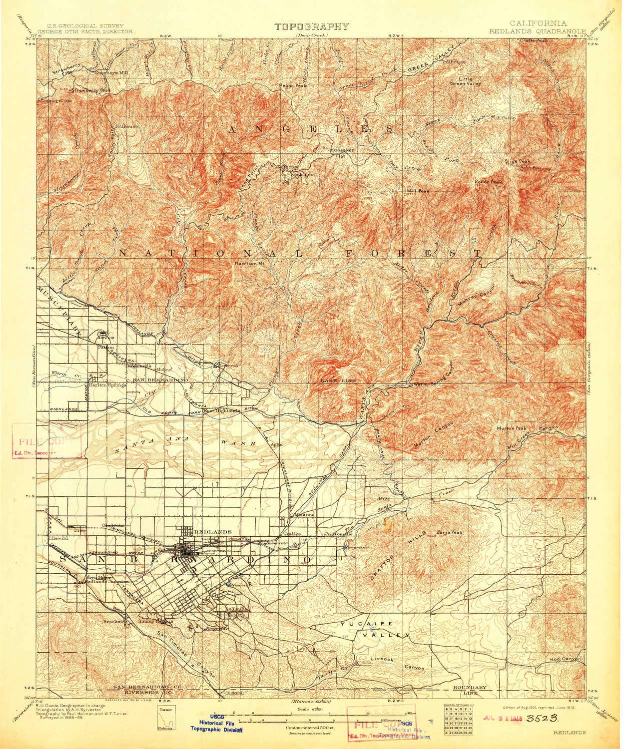 YellowMaps Redlands CA topo map, 1:62500 Scale, 15 X 15 Minute, Historical, 1901, Updated 1913, 19.8 x 16.6 in