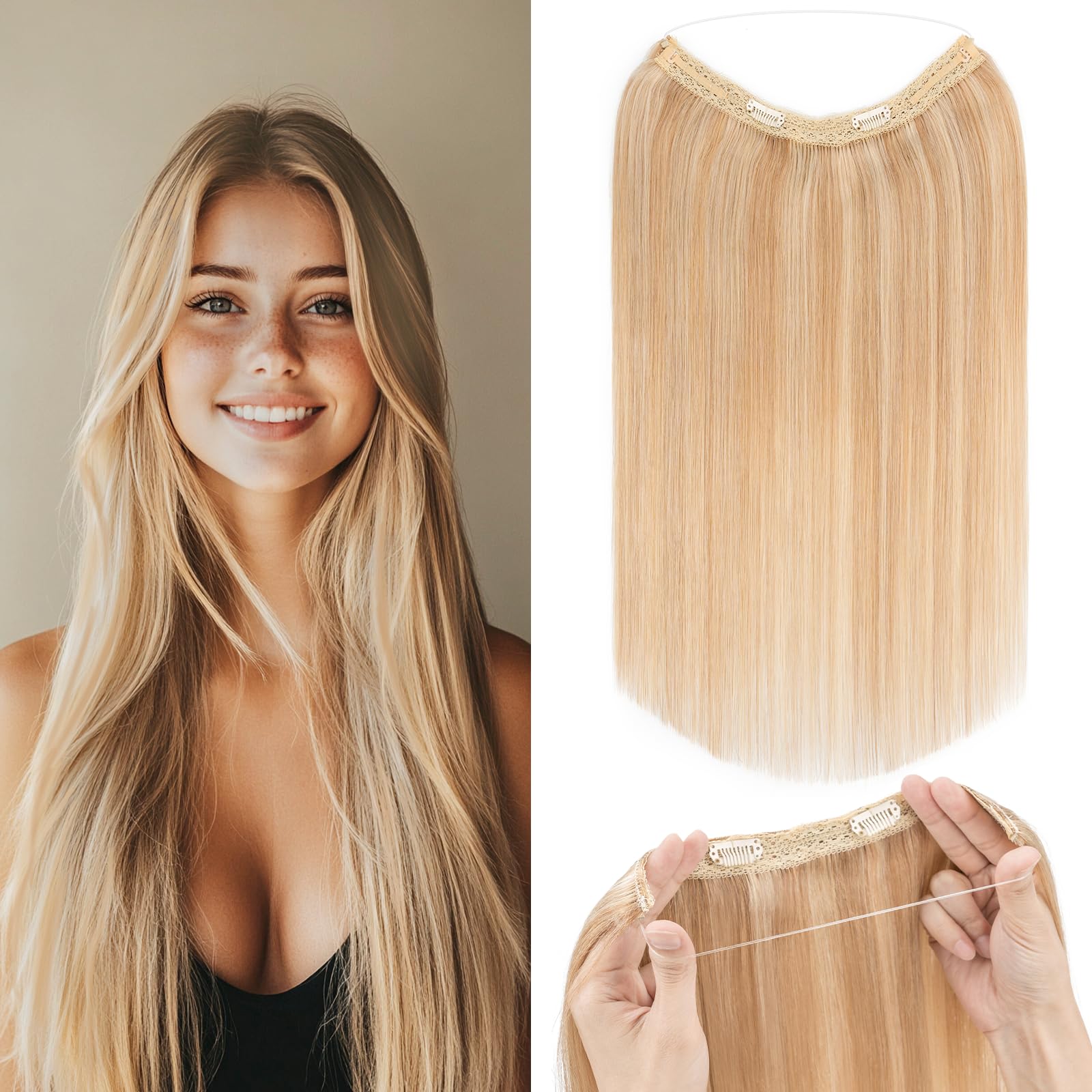 Rich Choices Halo Hair Extension 20 Inch Human Hair Extensions Clip in Invisible Wire Hair Blonde Straight Remy Human Hair Halo Seamless One Piece Clip in