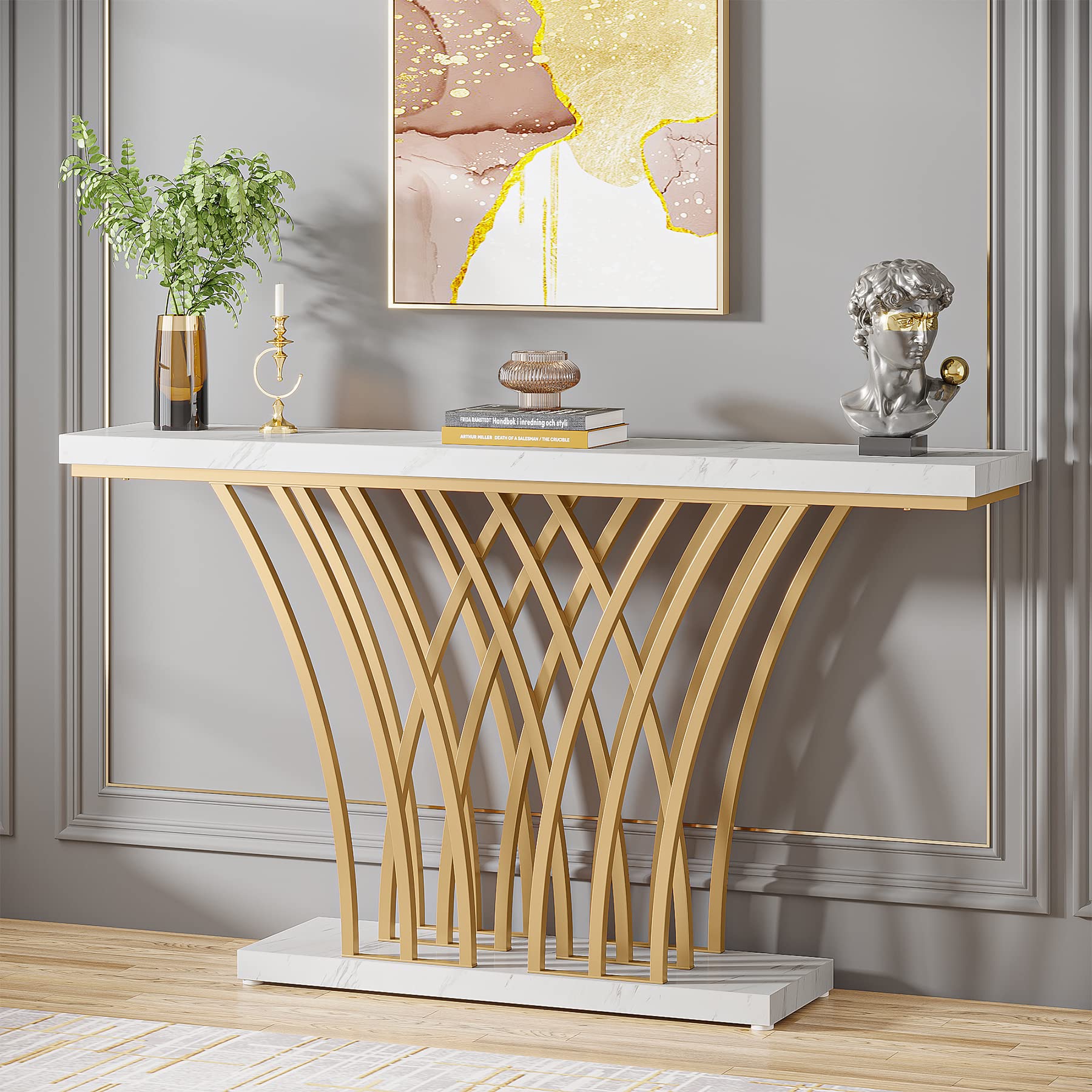 LITTLE TREE Narrow Entryway Console Table,Faux Marble White+Gold