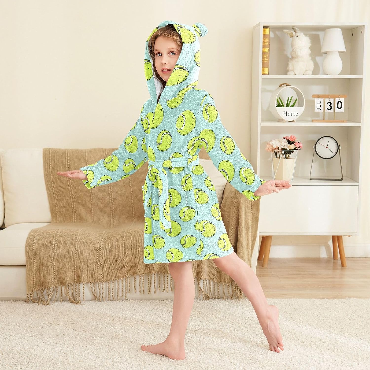 Tennis Ball Pattern Toddler Hooded Bathrobe for Boys Girls Soft Plush Bath Towel Robe 2-12 Years