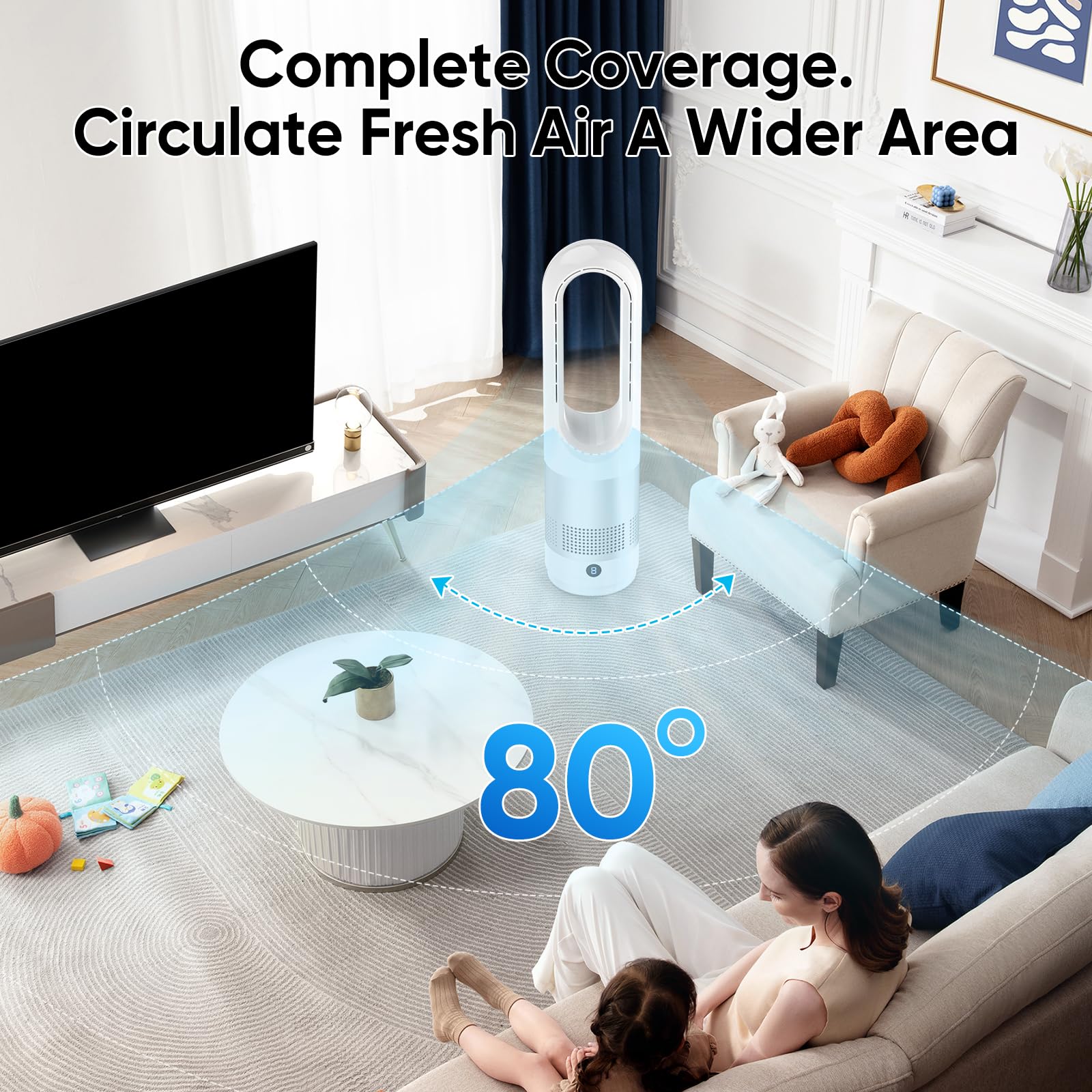 Ventilatore senza rotore con telecomando, oscillazione a 80°, con timer da 8 ore, silenzioso, controllo touch, raffreddamento ad aria, ventilatore sicuro senza pale per camera da letto (argento)