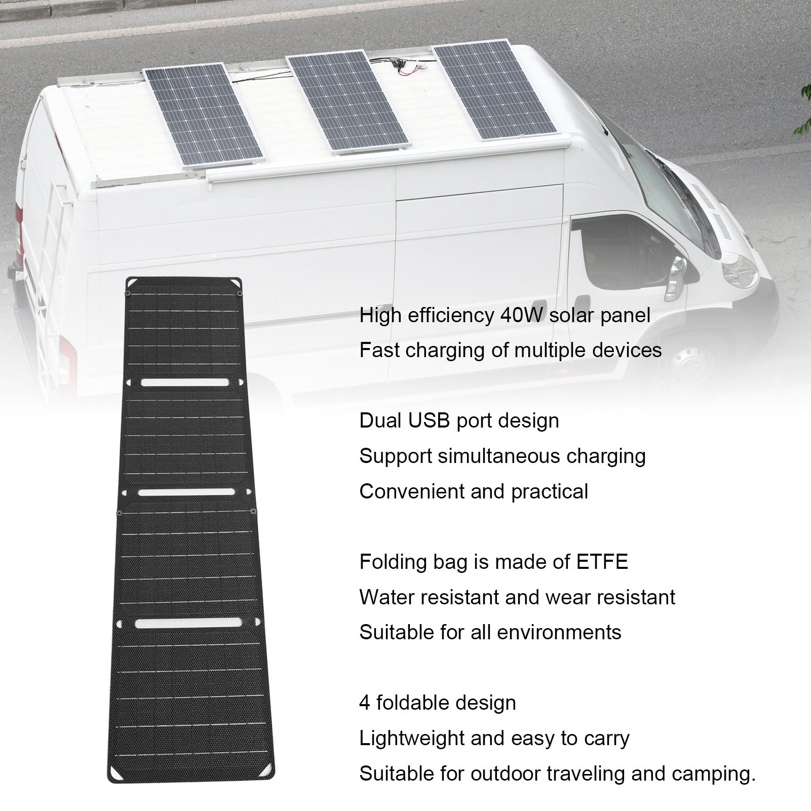 Borsa di Ricarica per Pannello Solare Pieghevole Ad Alta Efficienza da 40 W per Campeggio in Viaggio, Pannello Solare Pieghevole con Doppia Porta USB per Uso Esterno