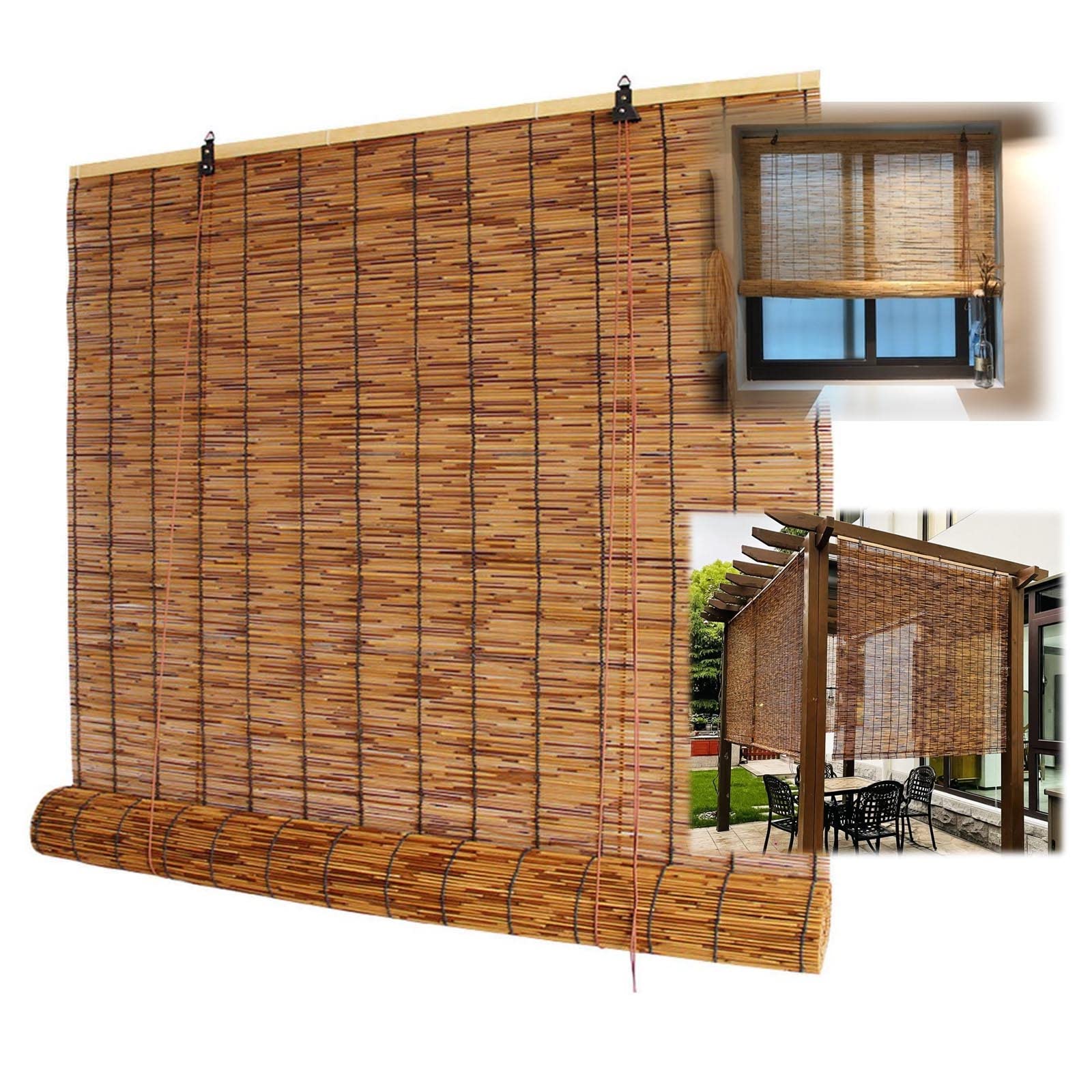 Bamboo Roll-up Window Shade, Outdoor Woven Bamboo Roller Shades 20"W x 36"H 72"W x 72"H 40"W x 80"H Light Filtering Retro Roman Blinds for Patio,