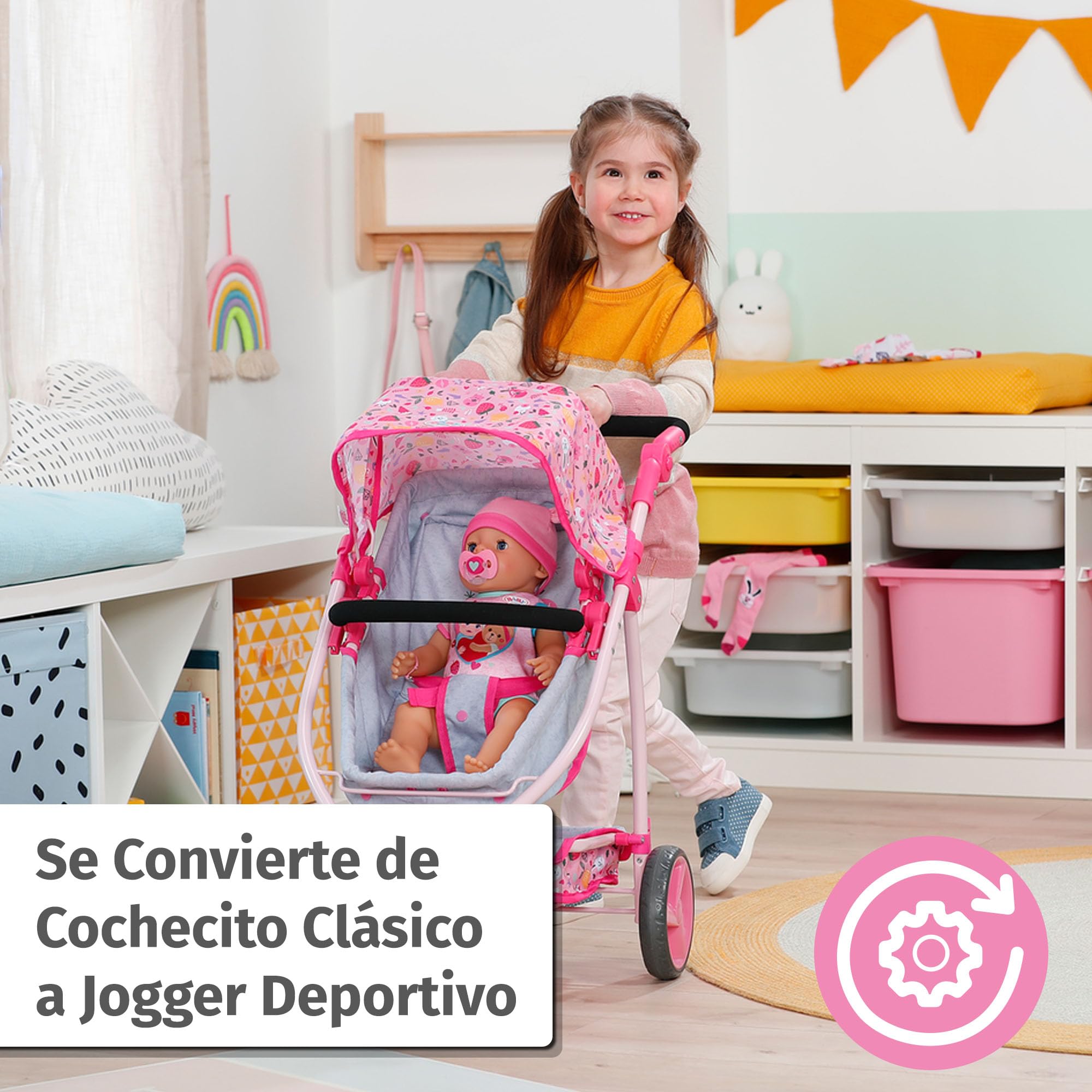 BABY born Cochecito Deluxe con asa Ajustable | Asa ajustable, respaldo reclinable, para muñecas de 43 cm