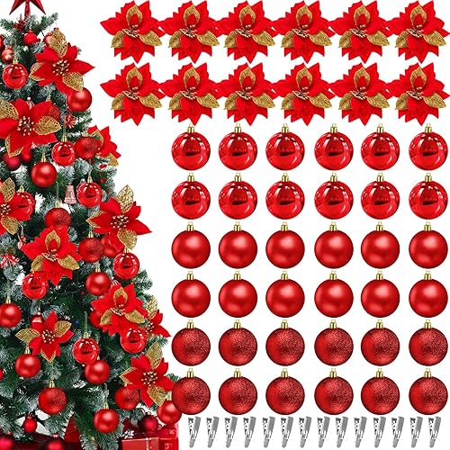 Miniatura 1 de Juego de 48 bolas grandes de adornos de Navidad, decoración de árbol de nochebuena, 36 bolas de adorno de Navidad, 12 flores de pascua con purpurina