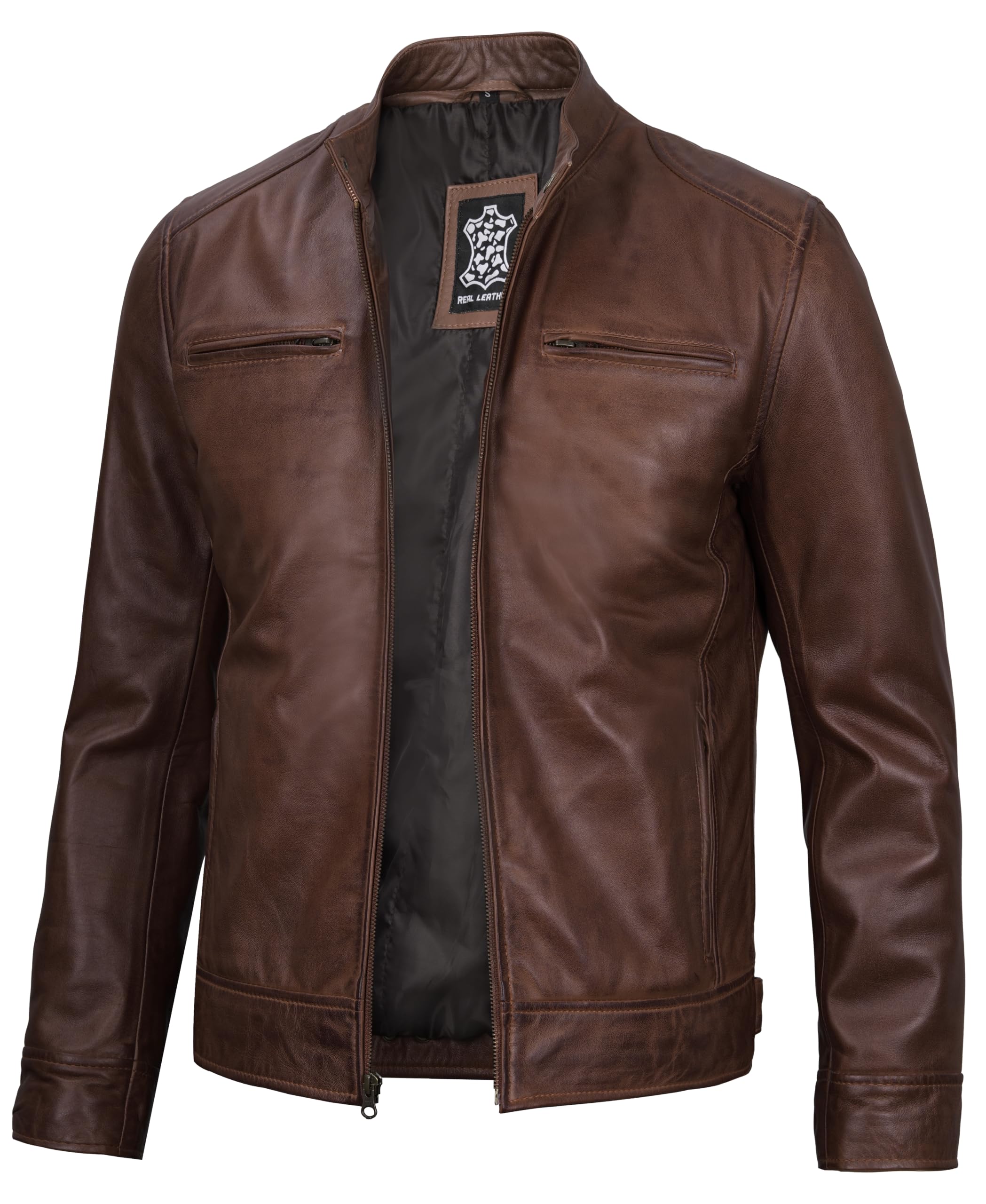 fjackets Mens Leather Jacket - Real Lambskin Cafe Racer Jacket Stand Collar Moto Biker Zip Jacket For Men