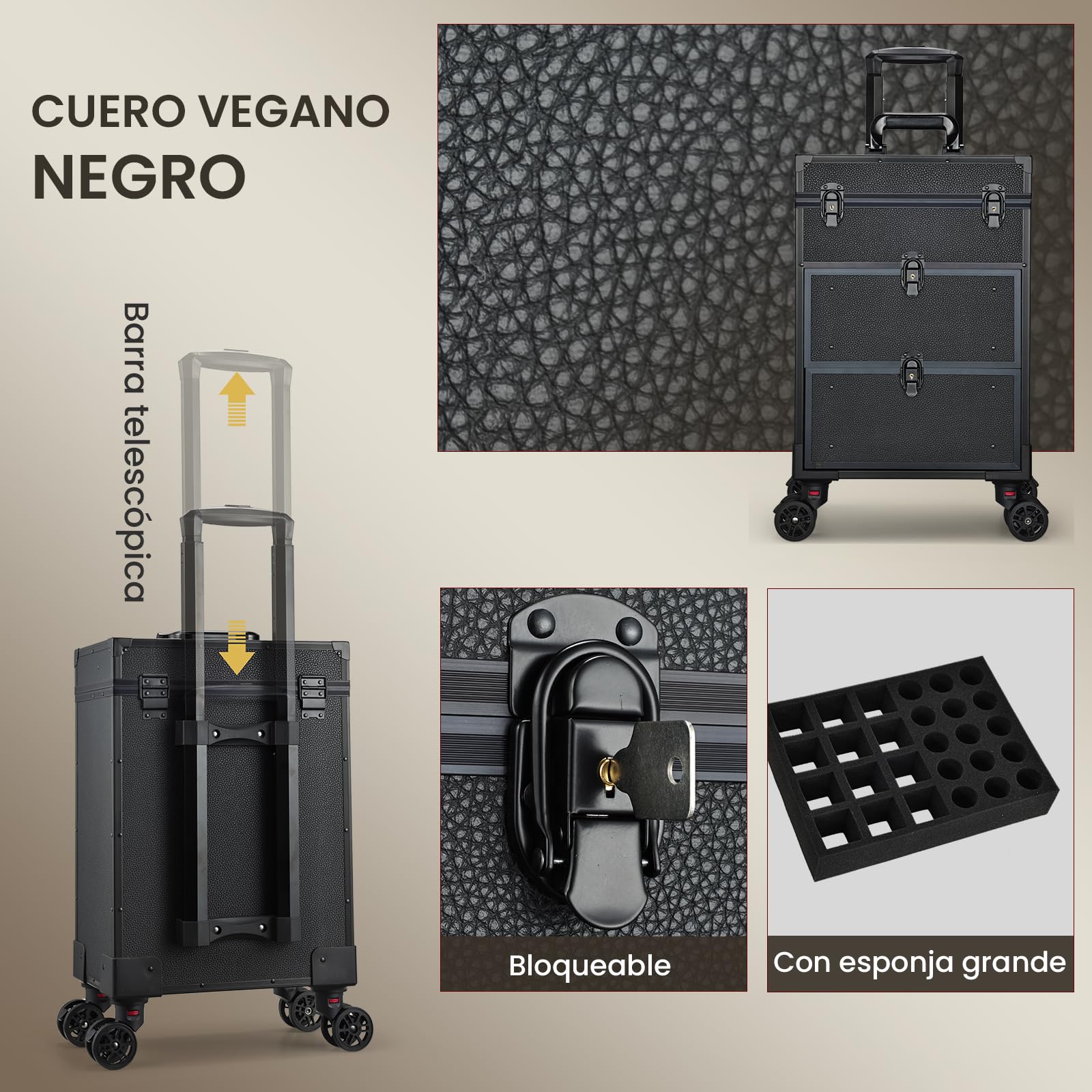 Maleta de Maquillaje, Maletín de Manicuría y Peluquería con Ruedas 360°, Mango Telescópico, 2 Bandejas y 2 Cajones, Impermeable, Negro