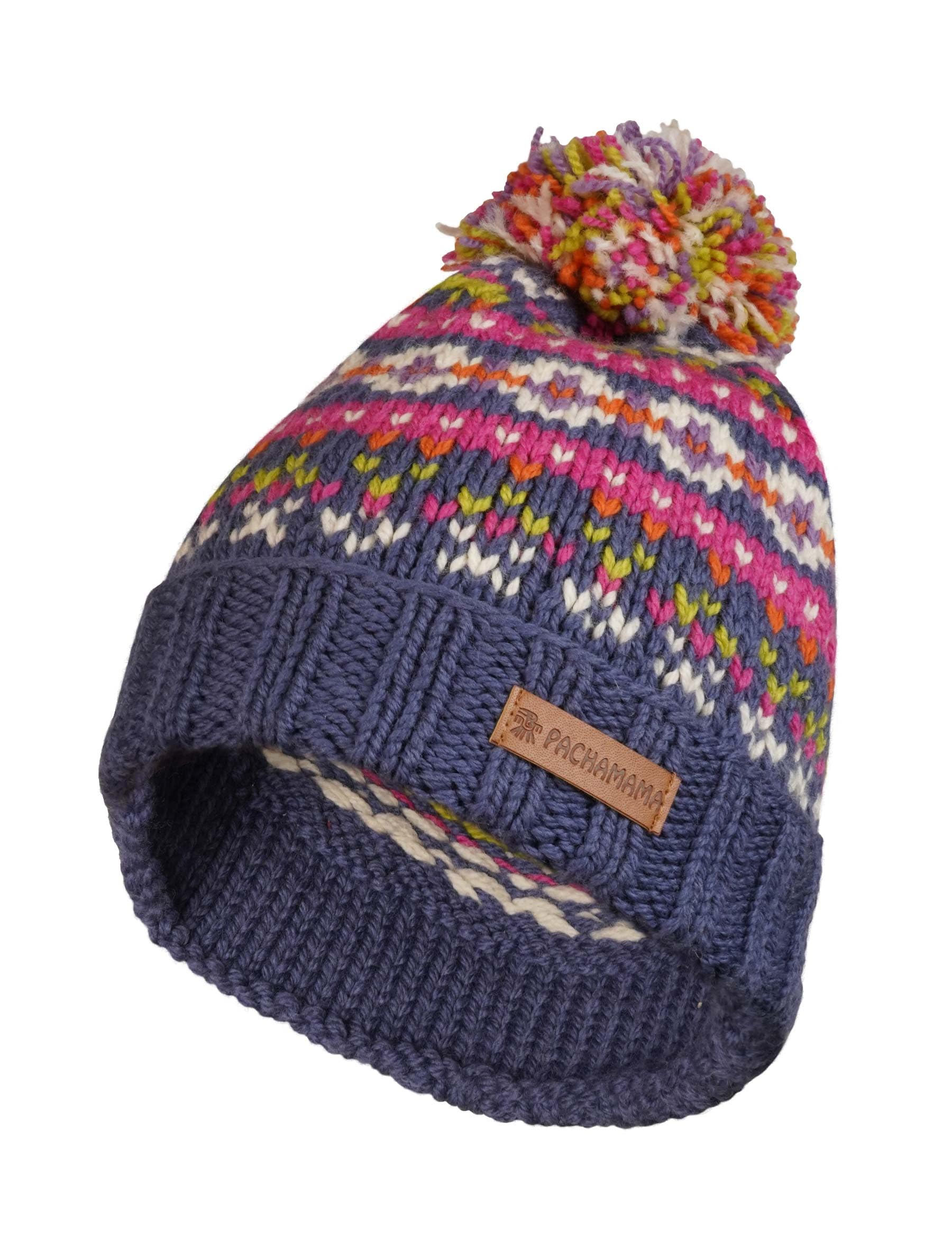Pachamama Women 100% Pure Fine Merino Wool Beanie Bobble Hat Handknitted Fairisle Colourful One-Size Handmade Soft Warm Breathable Moisture Wicking Fair Trade (UK, Alpha, One Size, Denim)