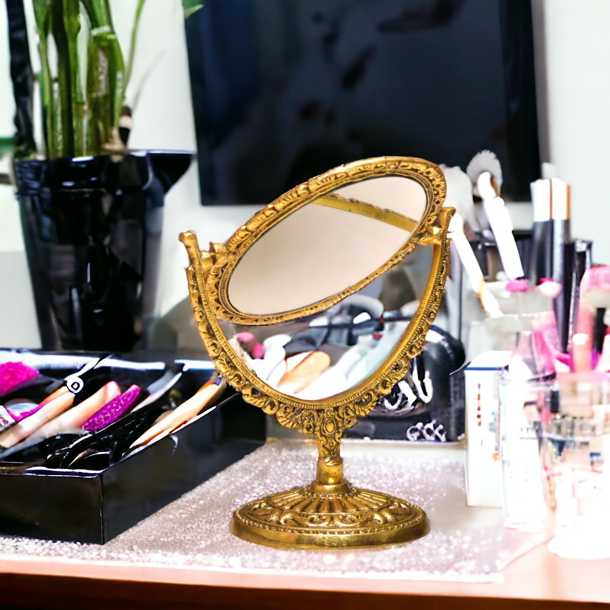 KridayKraft Aluminium Makeup Mirror Dual Sided Magnification for Easy Makeup (Golden), Oval, Tabletop - Image 2 thumbnail