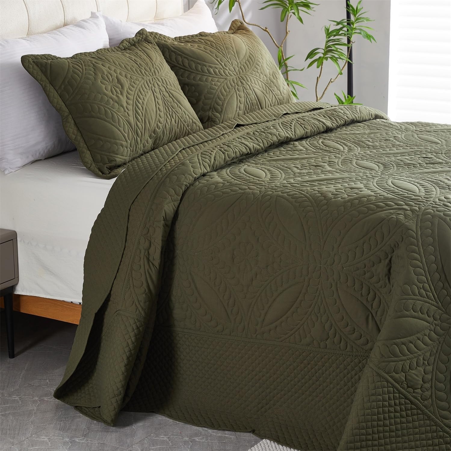 Cmfshape Olive Green Quilt Oversize King,3 Pieces