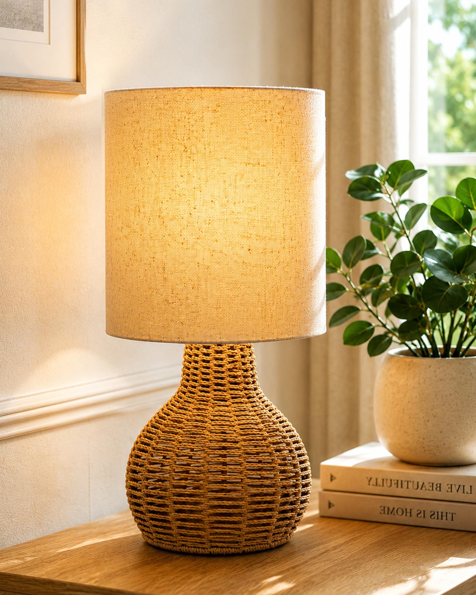 Homesake® Raffia Rattan Table Lamp, Small Nightstand Lamp with Linen Fabric Lampshade, Bedside Lamp for Bedroom, Living Room, Study & Livra Home Décor | Warm Ambient Lighting (Spinning, Jute)-image-21