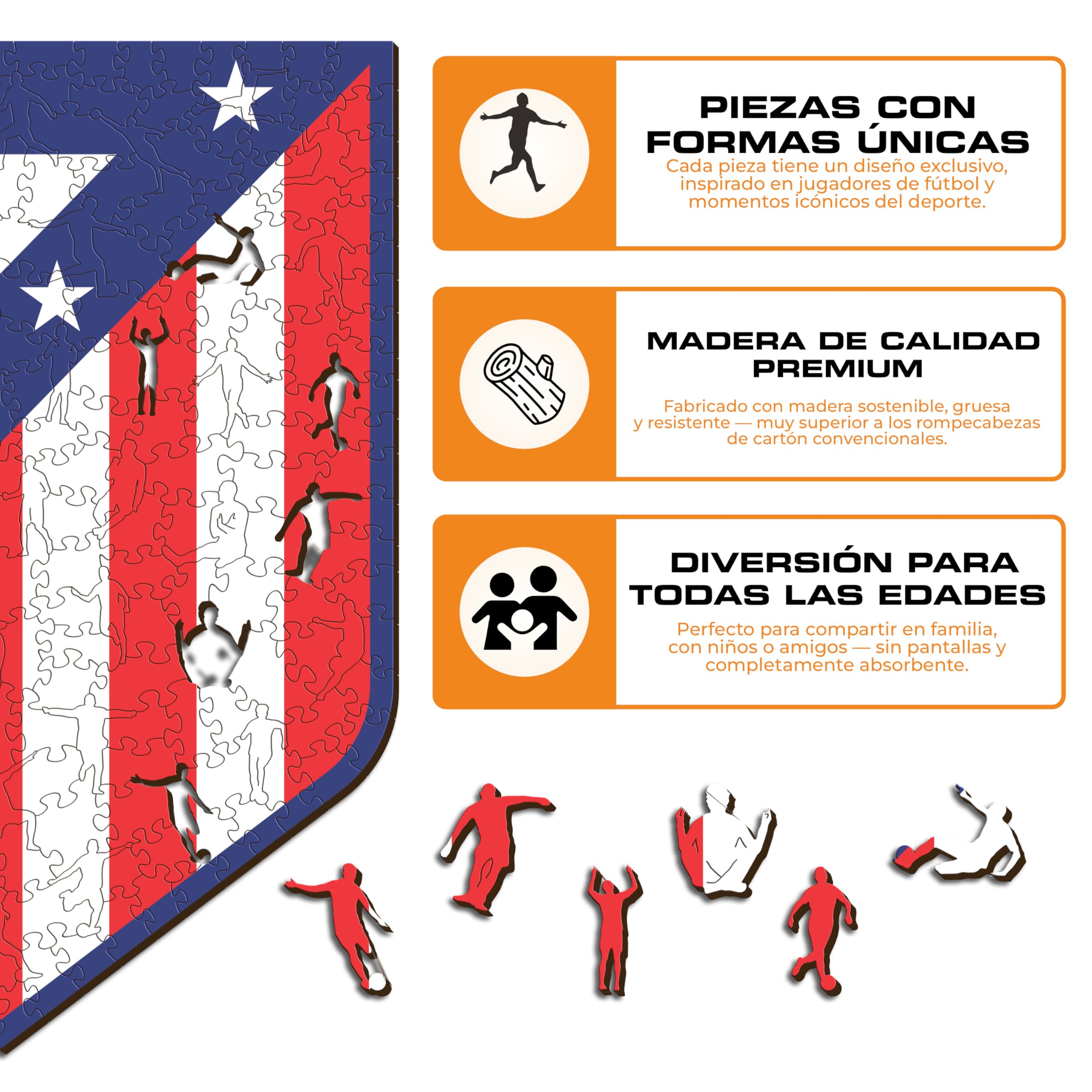 Iconic Puzzles - Atlético de Madrid Logo, ​​Producto Oficial, Puzzles de Madera para Adultos y Niños, Madera 100% Sostenible, Tamaño L 500 Piezas