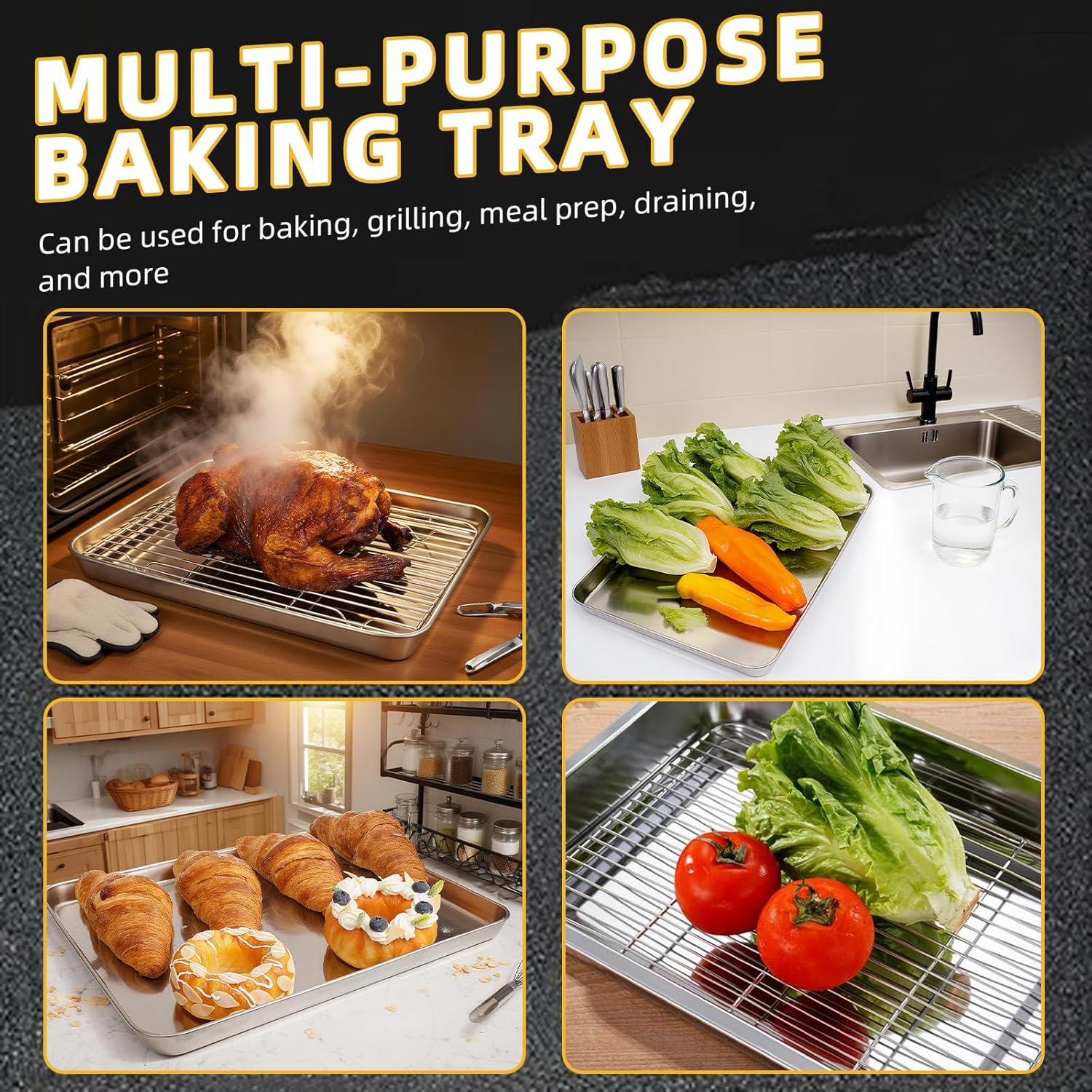 4-Piece Baking Sheet Set with Cooling Rack, Stainless Steel Cookie Sheets & Baking Pans Set, Non-Stick Cookie Trays for Oven Roasting & Food Prep, BPA-Free 10/12/16 Inch - Image 6