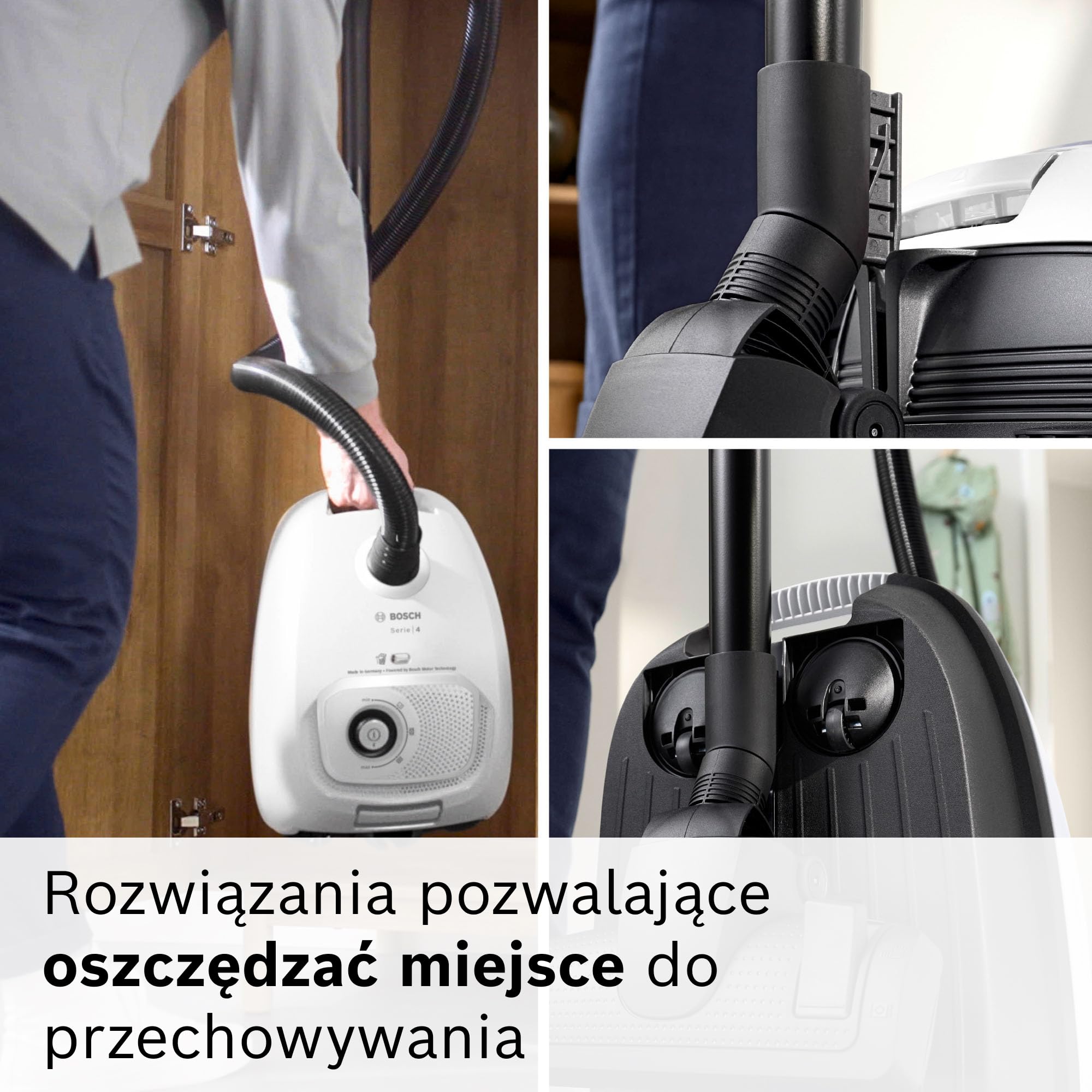 Bosch Serie 4 Odkurzacz Workowy, Promień Działania 11 m, Pojemność Worka XL, Ssawka do Tapicerki, Ssawka Szczelinowa, Zintegrowany Schowek na Akcesoria, Biały, BGB41WH1 | Odkurzacz z workiem XL, szczotka do tkanin i szczelin, zmywalny filtr, wyprodukowano