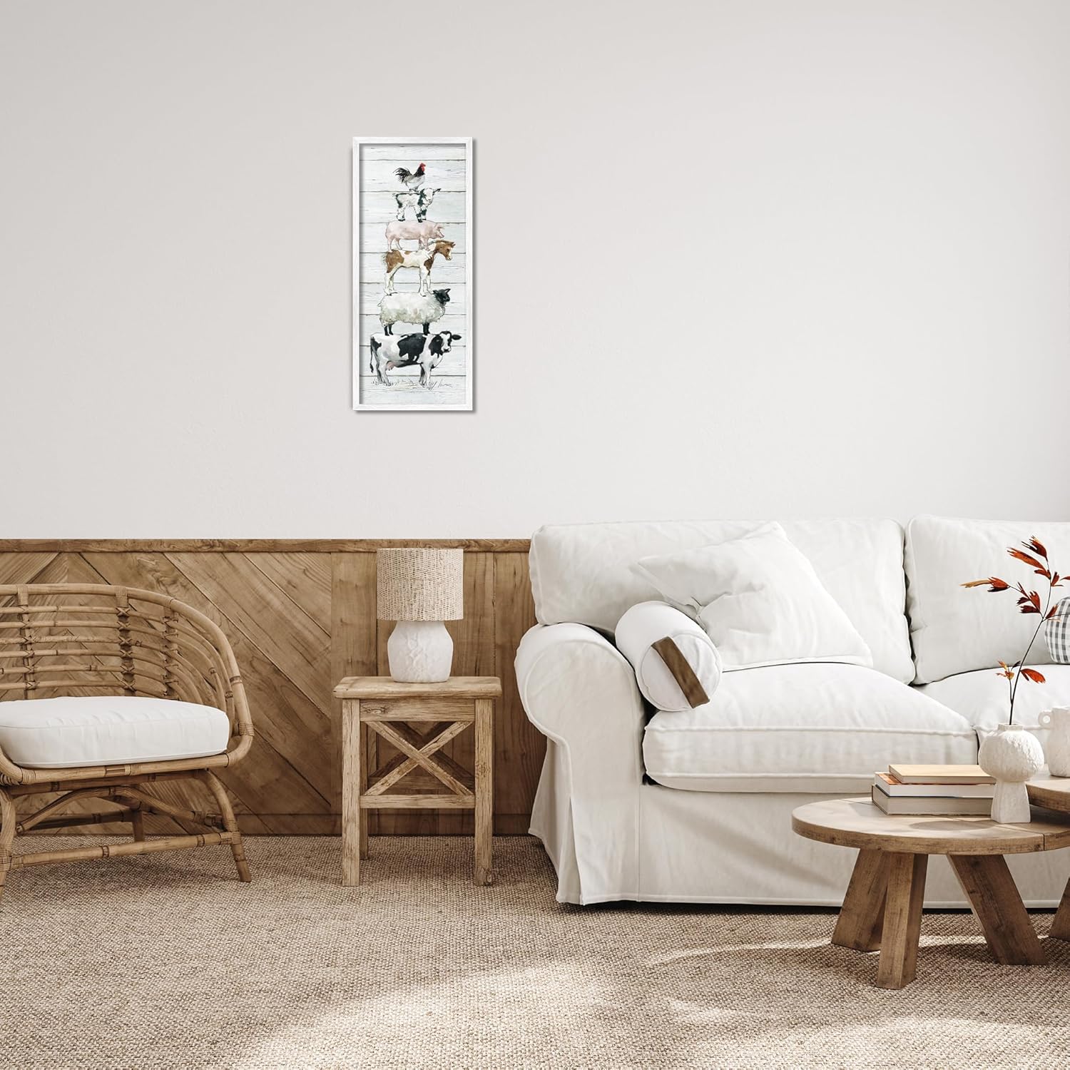 Stupell Industries Country Farm Animal Stack Cow Sheep Pig Rooster, Designed by Carol Robinson White Framed Wall Art, 10x24, Multicolor