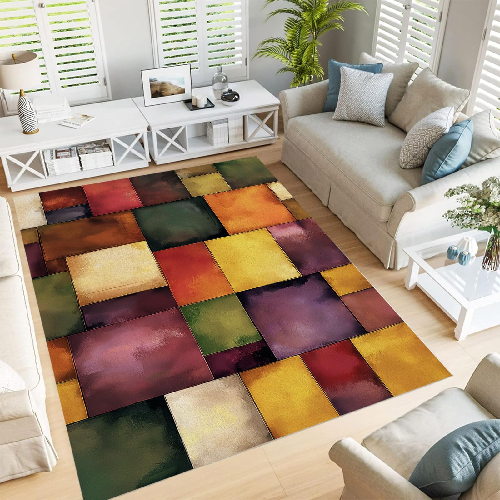 Tapis de sol salon moderne 180x270 cm à poils courts antidérapant et carrés abstraits