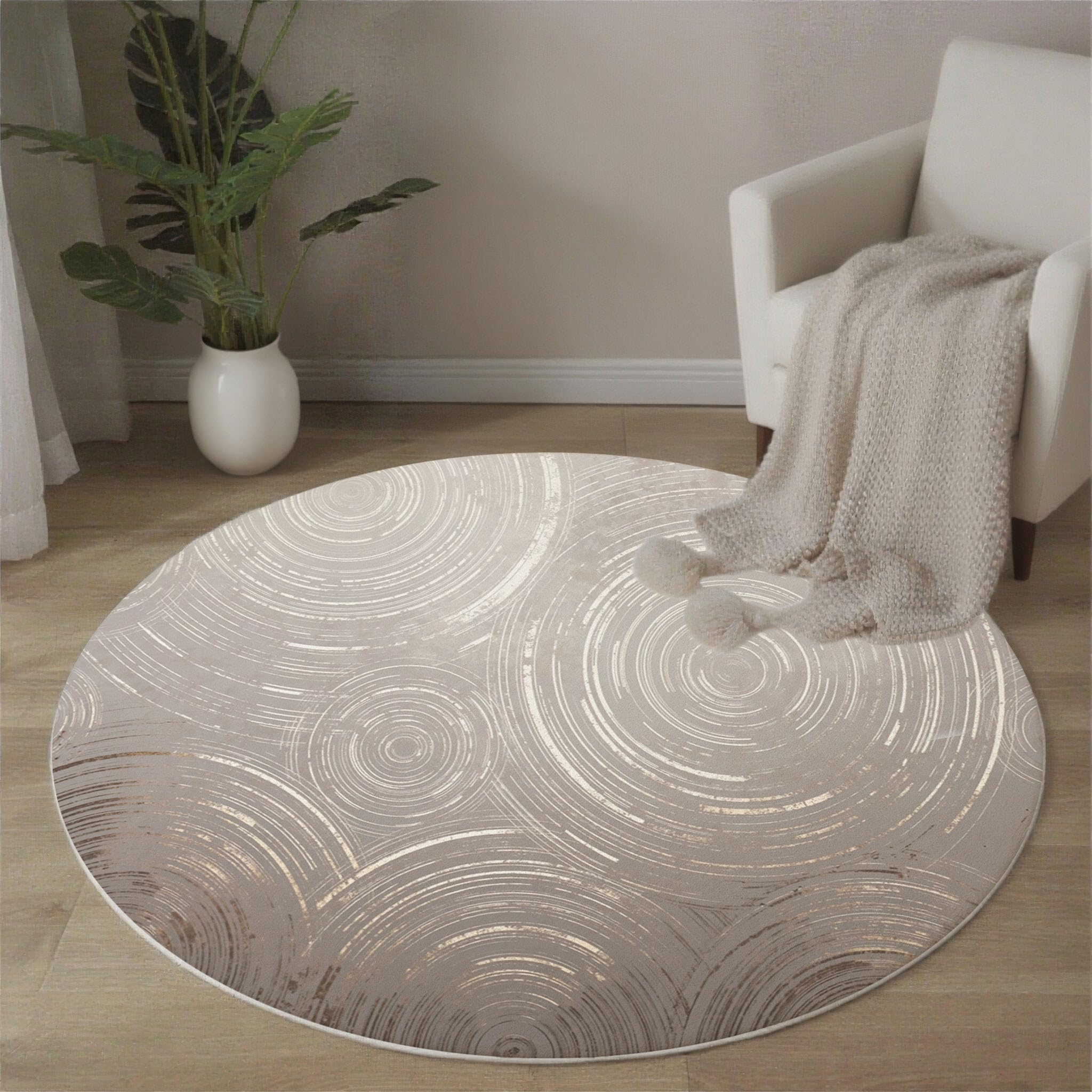 Tapis rond géométrie abstraite feuille d'or 160 cm lavable beige