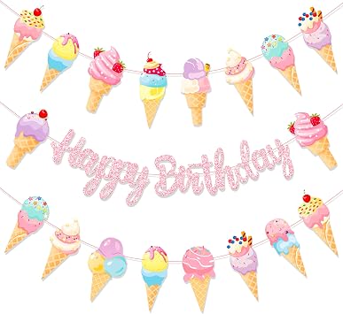 3Pcs Ice Cream Birthday Banner Set - Pre-Assembled Pink Glitter Ice Cream Happy Birthday Banners for Summer Theme Birthday Party Baby Shower Supplies