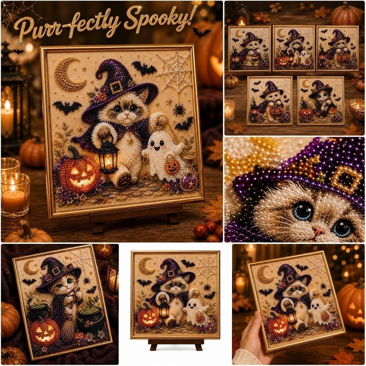 TREBIN Halloween Ghost Pearl Art DIY Kit, 3D Pearl Painting Kits for Adults, Spooky Cute Ghost Diamond Art Kits for Adults, Autumn Fall Home Wall Decor, Gothic DIY Gift (Witch Cat & Lamp) image 2