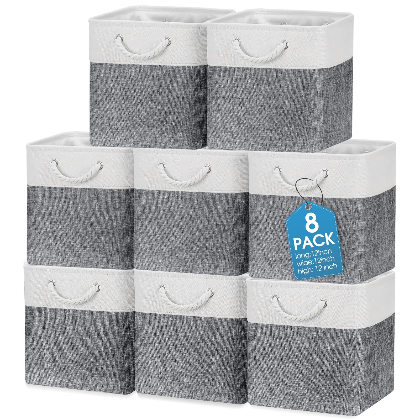 meekoo 8 Pack Collapsible Storage Bins Fabric Storage Bins Polyester Fabric Storage Baskets with Handles Linen Closet Organizer for Shelf Home Closet Towels Toys (Gray White,12 x 12 x 12 In)