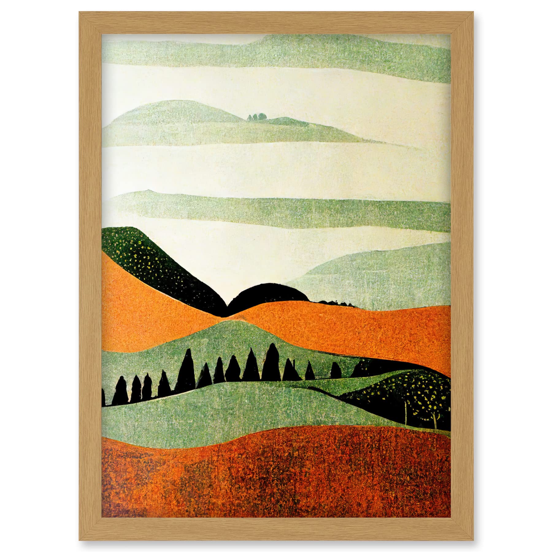 Doppelganger33 LTD Abstract Eclectic Tangerine And Olive Nature Landscape Linocut Minimalism Drawing Artwork Framed A3 Wall Art Print