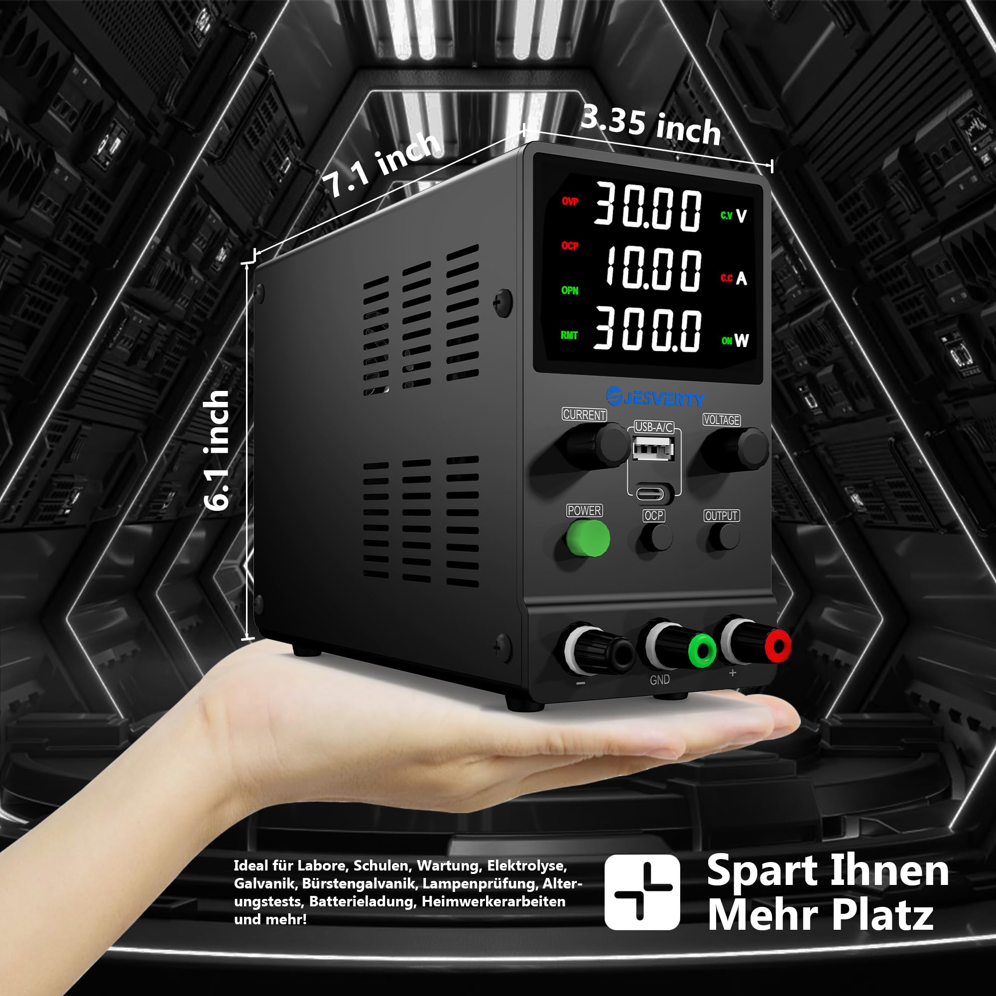 Labornetzteil, Jesverty Labornetzteil DC Regelbar Netzgerät(32 V, 10 A) mit USB und Type-C 20W Schnellladung, Encoder-Knopf, Ausgangs-EIN/Aus-Schalter, 4-stelliges LED-Display – SPS-3010M